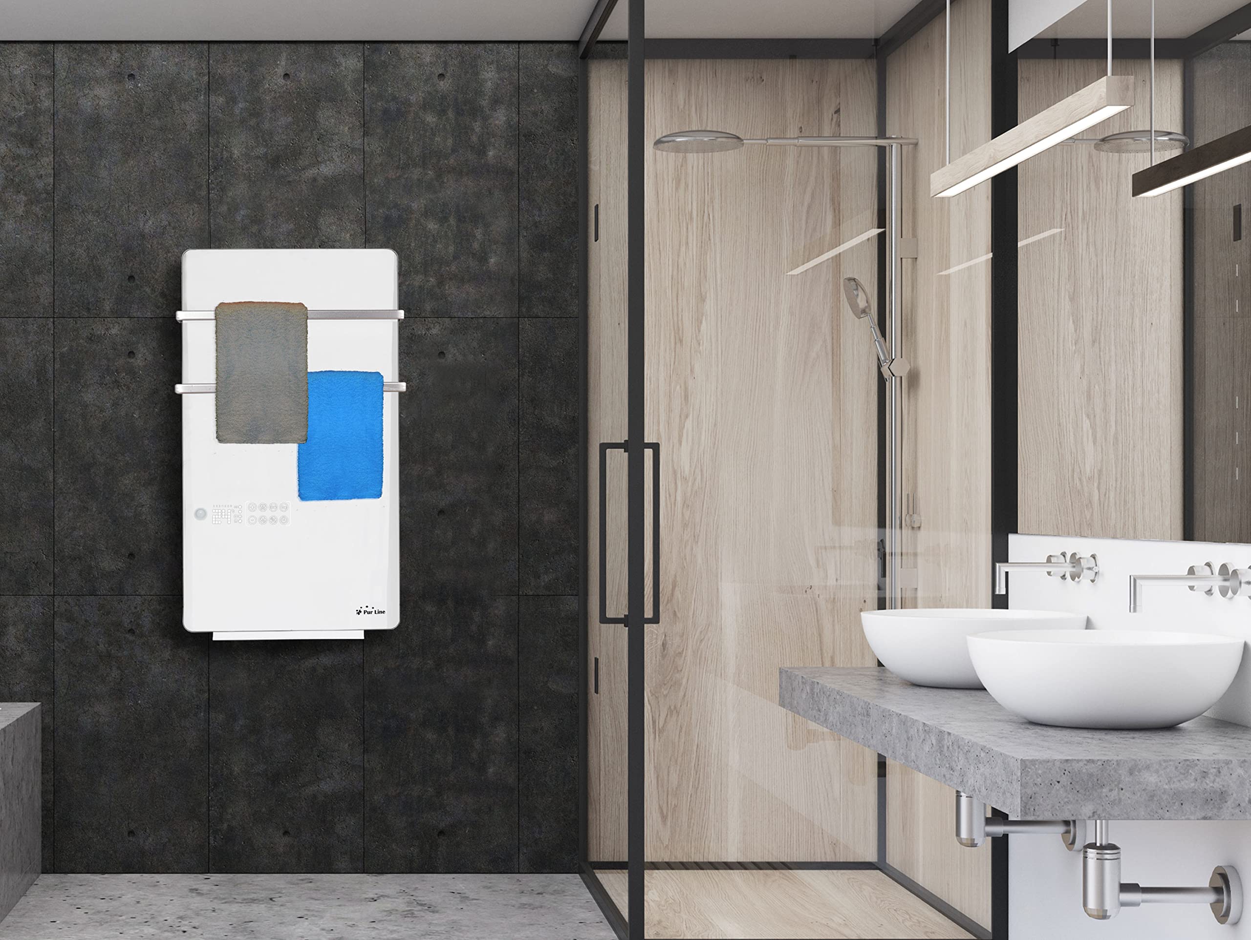 PUR LINE | Toallero Calefactor Eléctrico con Control WiFi y Display LCD Táctil – Toallero eléctrico bajo consumo con protección IP24 y función 3 en 1 para secado y calefacción (Blanco)