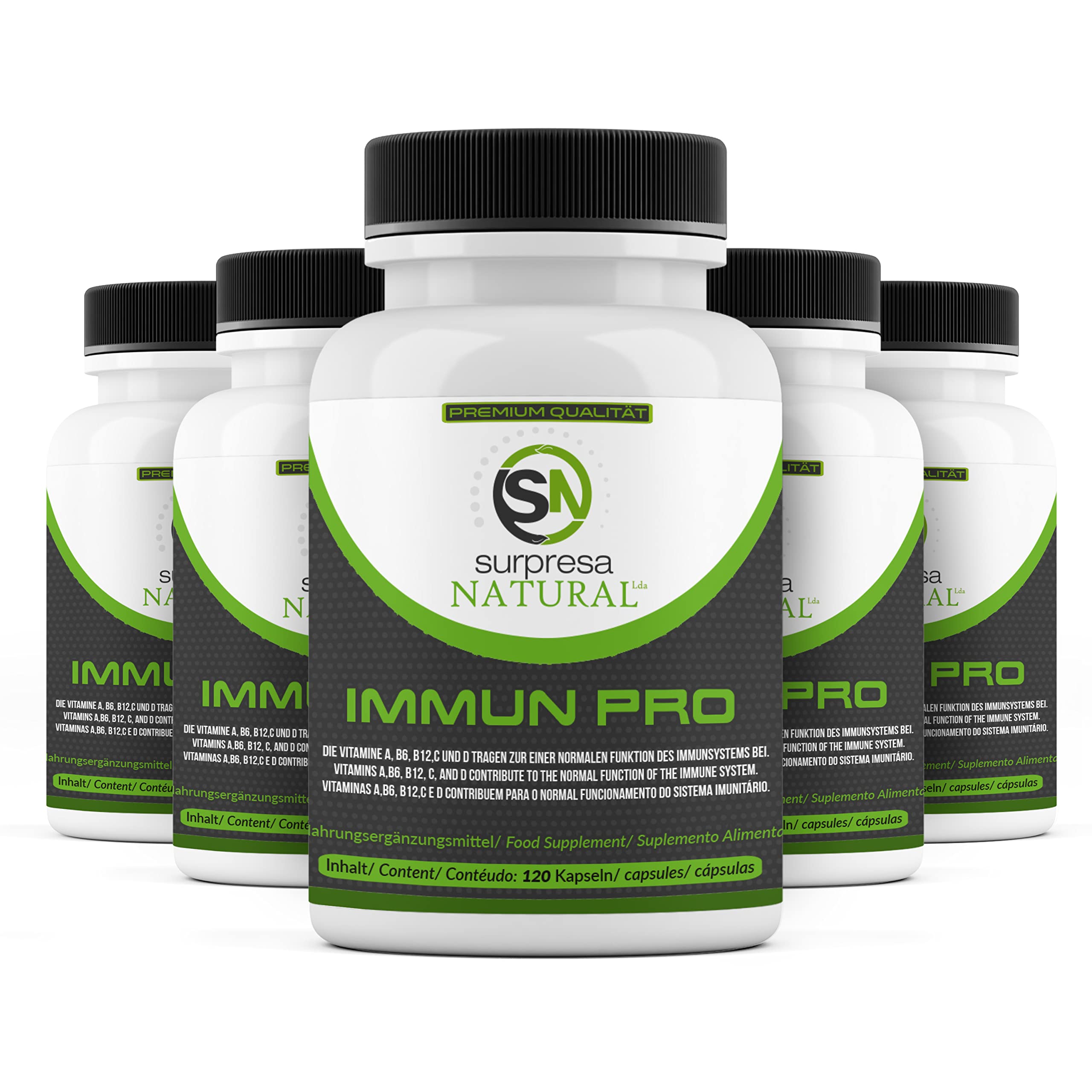 12 en 1 Immune Pro el Refuerzo Multivitamínico 120 cápsulas de alta dosis con vitaminas A, B6, B12, C, D, extractos vegetales de acerola y saúco, y los minerales hierro, cobre, selenio y zinc.