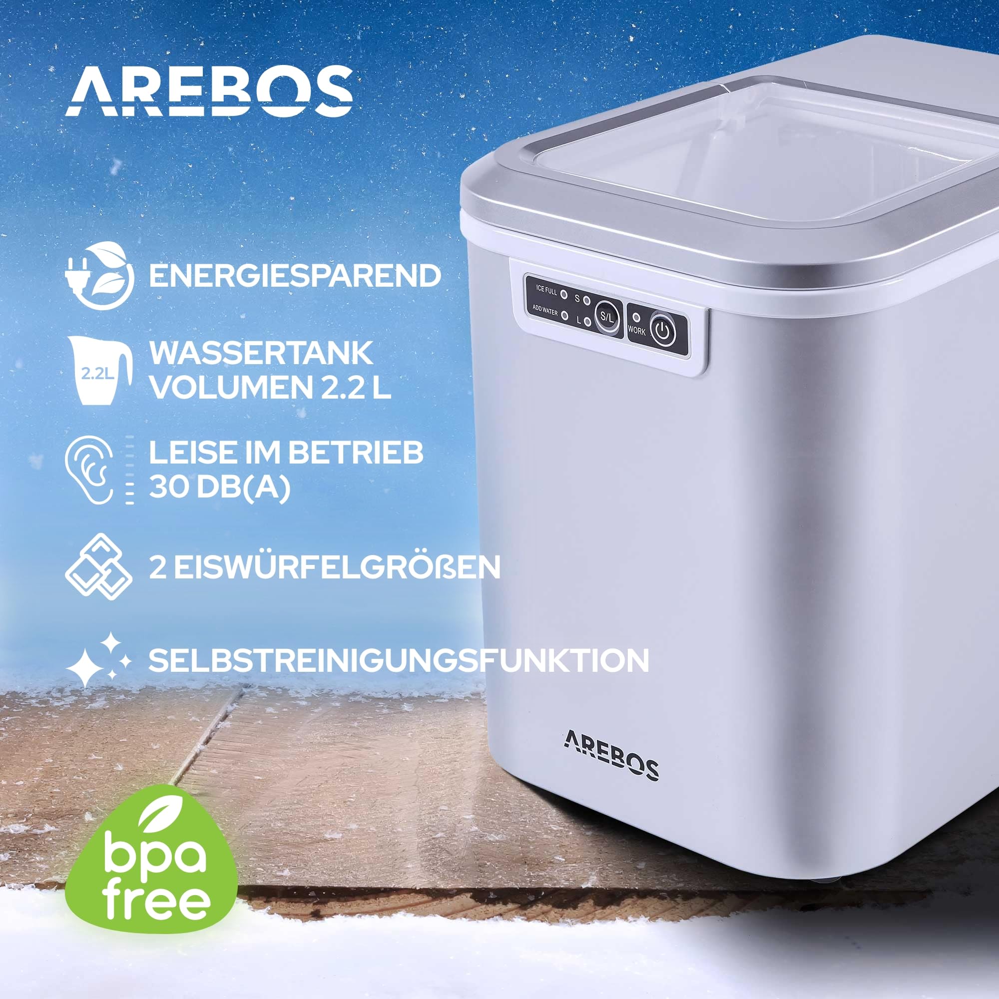 Arebos Eiswürfelmaschine 12 kg/24 h 2,2 L Wassertank Selbstreinigend Leise 2 Eiswürfel-Größen Silber