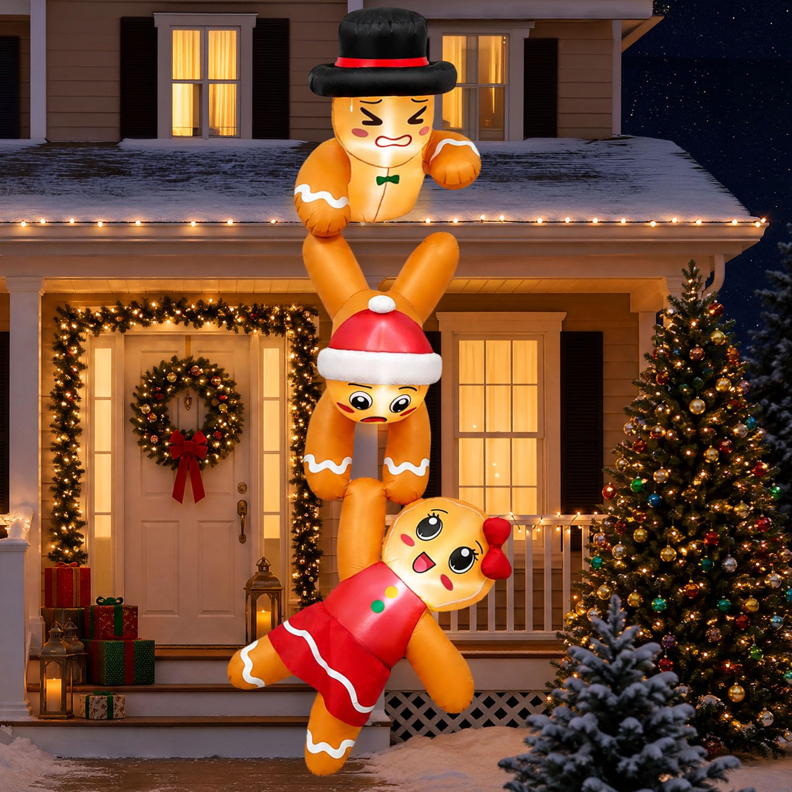 AerWo Décoration de Noël gonflable d'extérieur de 3,7 m, bonhomme en pain d'épices avec lumières LED pour Noël, maison, toit, arbre, avant-toit