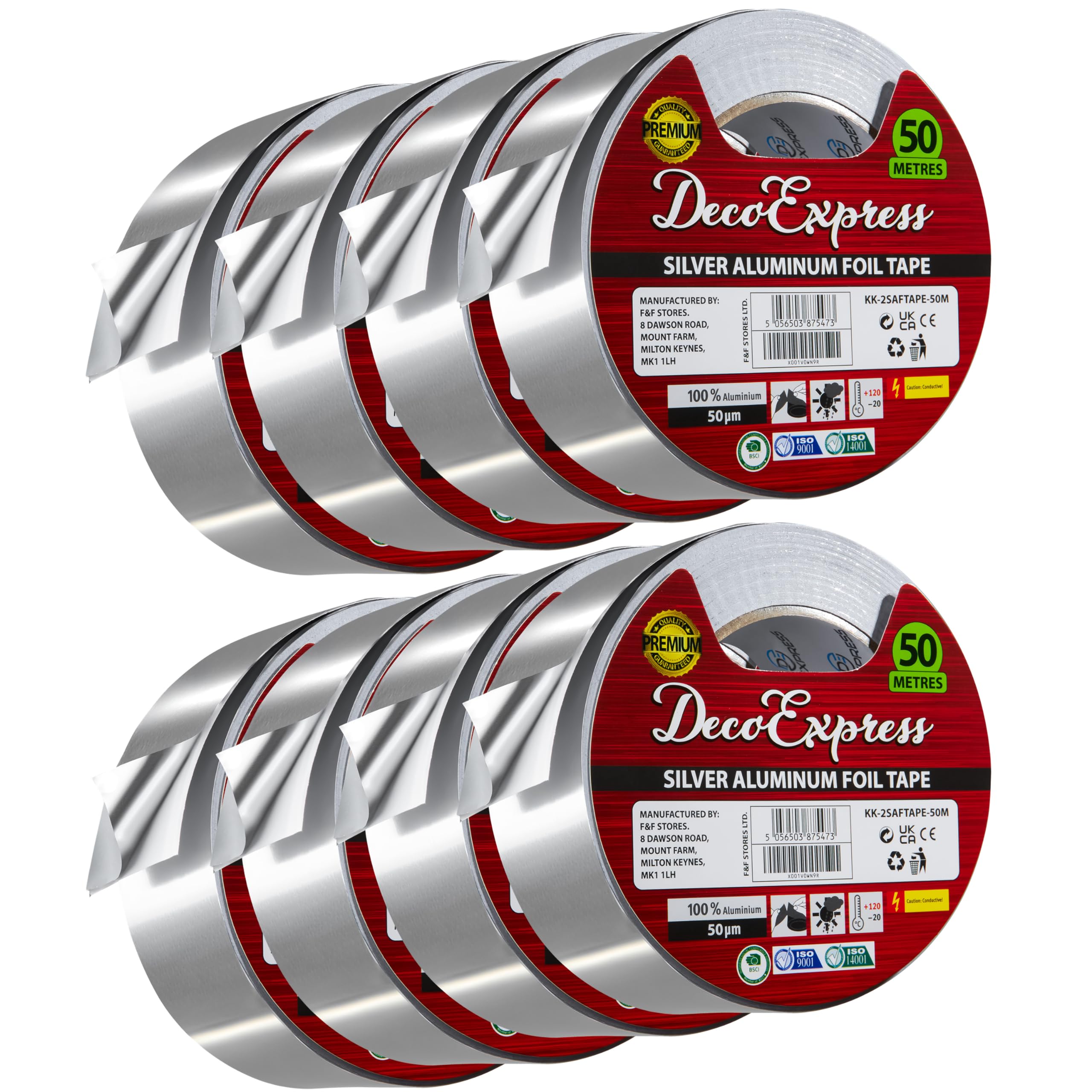 DECO EXPRESS Aluminium Foil Tape Adhesive Insulating Sealer 4.5cm x 10m/25m/50m Heat Resistant Waterproof Insulation Tape (50 M, 8 Pcs) โ image 1