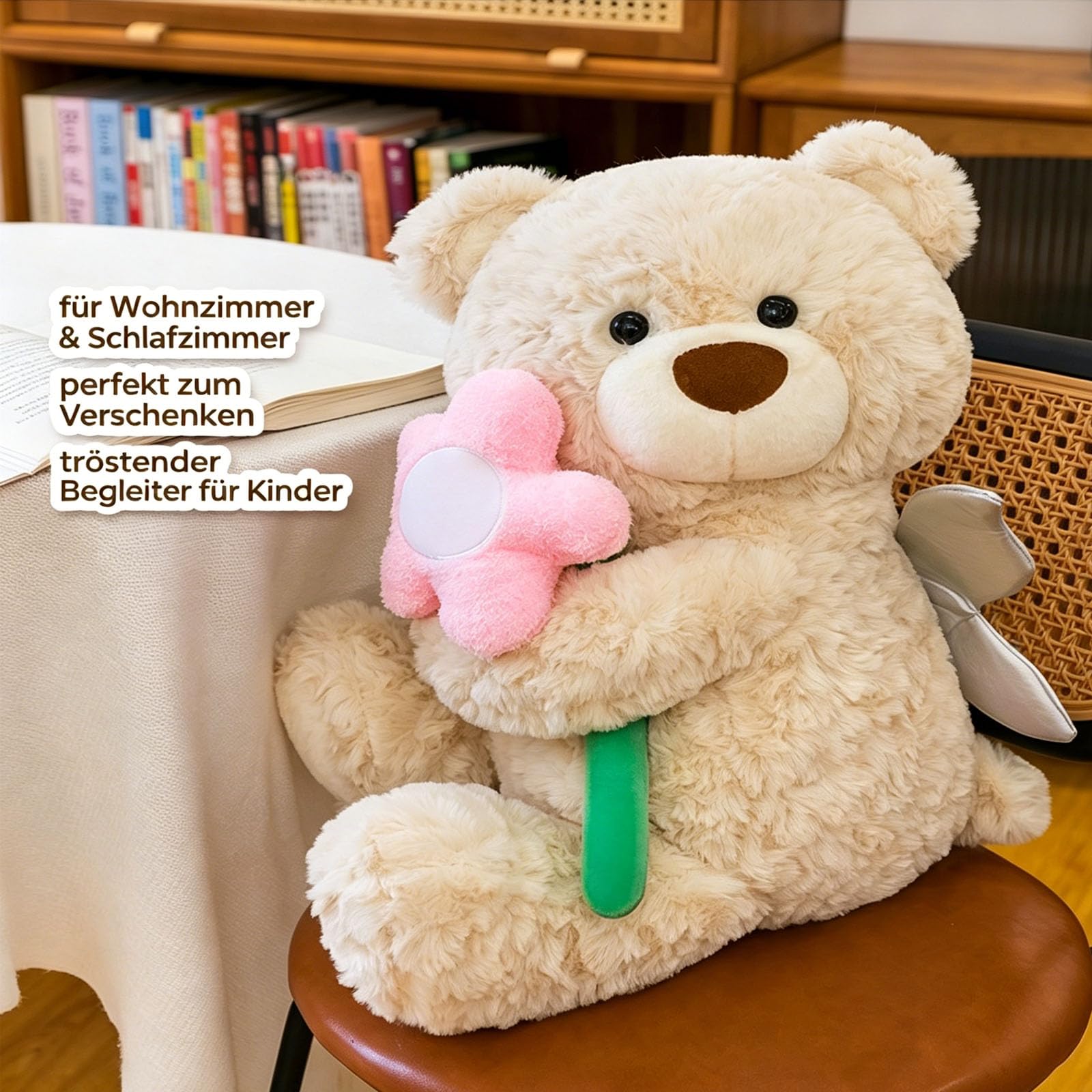 Teddybär Kuscheltier, Plüschbär mit Blumen und Engelsflügeln, Teddy Bear Plüschtier, Geschenke für Freundin Kinder Geburtstag, Valentinstag (Beige,60cm)