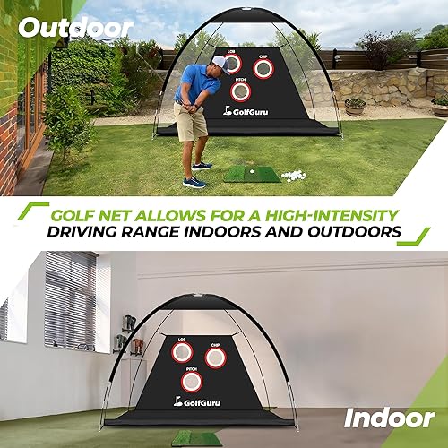 Miniatura 6 de Golfguru Red de práctica de golf todo en 1 10 x 7 pies con objetivo de astillado profesional, tapete de triple césped, 10 bolas, 7 camisetas, 2