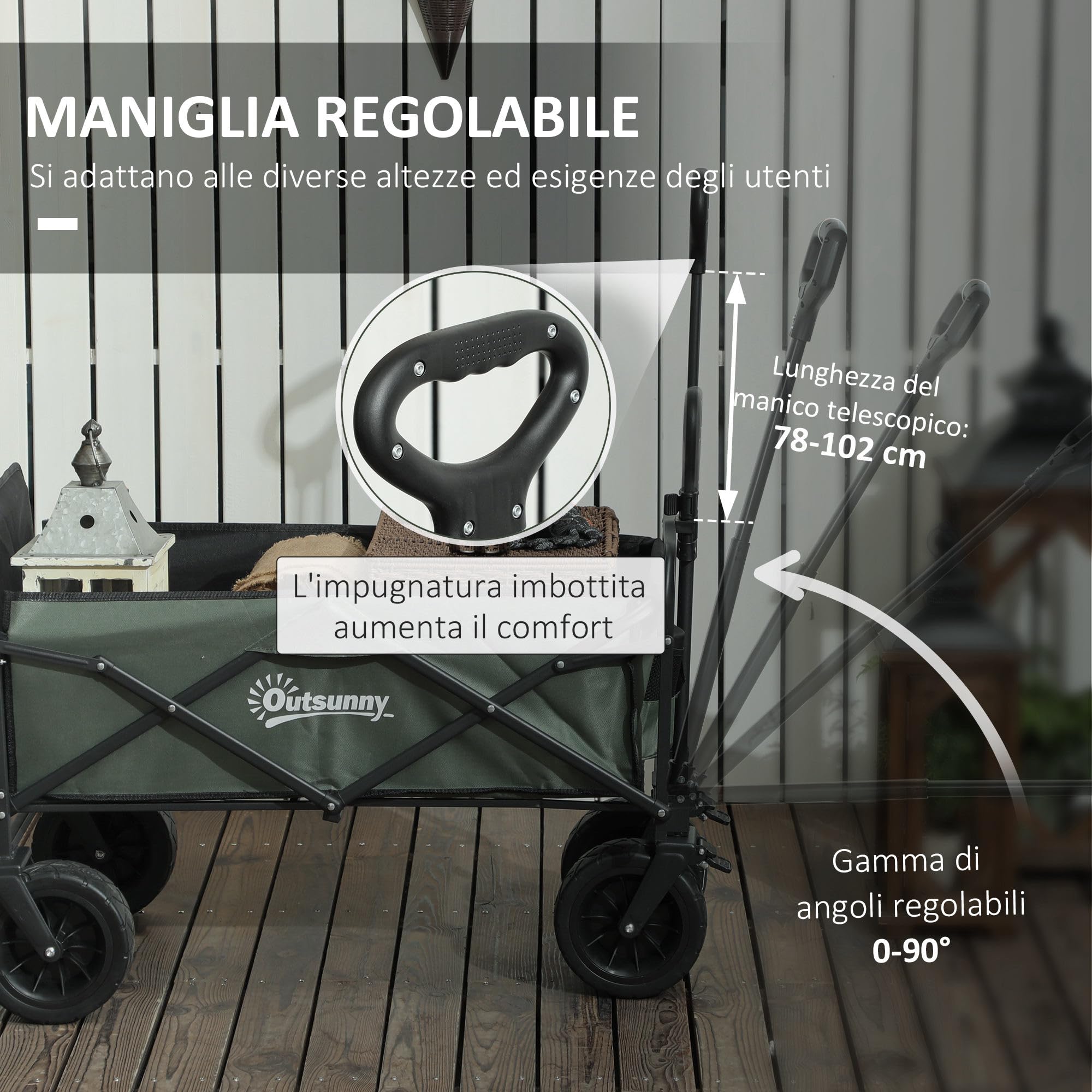 Outsunny Carrello da Giardino da 95L con 4 Ruote Carrello Spiaggia Verde | Pieghevole, Acciaio e Tessuto Oxford, Borsa da Trasporto Lavabile, 2 Tasca Portaoggetti, Maniglia Girevole e Regolabile