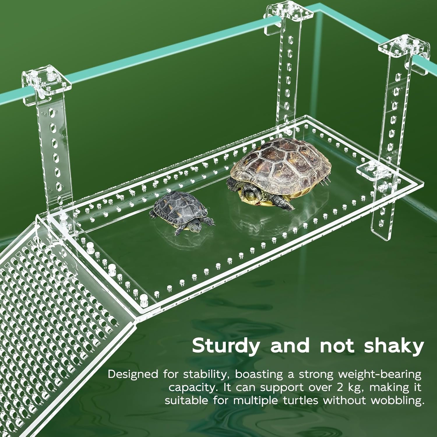 Hanging Turtle Dock Turtle Tank Accessories Adjustable, Large Basking Platform with Freely Installable Climbing Ramps for Aquatic Turtles Sturdy, Wobble-Free Design in Acrylic Material (15")