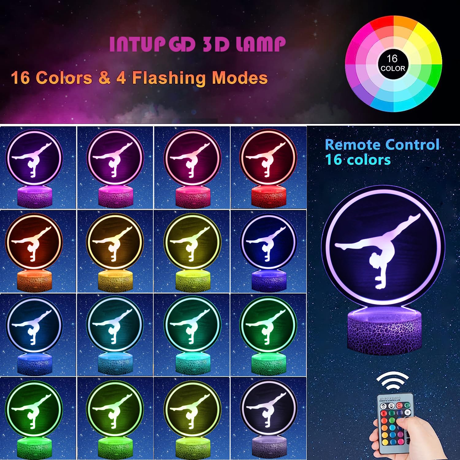Regalo de Gimnasia, Luz de noche 3d LED lámpara con control remoto 16 colores que cambia para niños niñas niños Mujeres Adultos (Gimnasia)