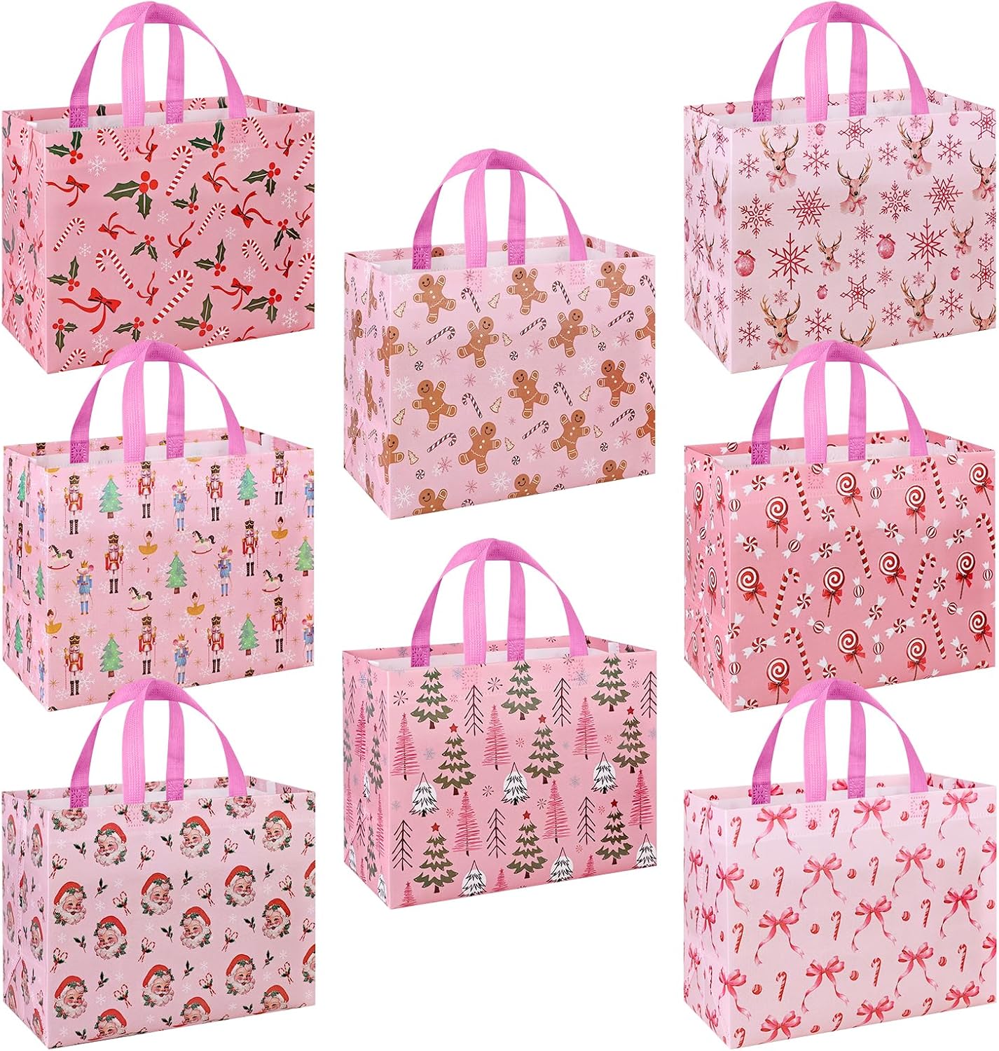 Christmas Non-woven Gift Bags: 8pcs Pink Multifunctional Reusable Wrapping Shopping Treat Bags with Handles, Gingerbread Nutcracker Santa Claus Xmas theme Pattern, for Presents Birthday Wedding Party