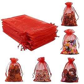 ANZNKU 50 Pack Organza Bags 4 x 6 inch Premium Sheer Mesh Bags for Christmas Candy Jewelry Party Wedding Favor Gift Bag (Red)