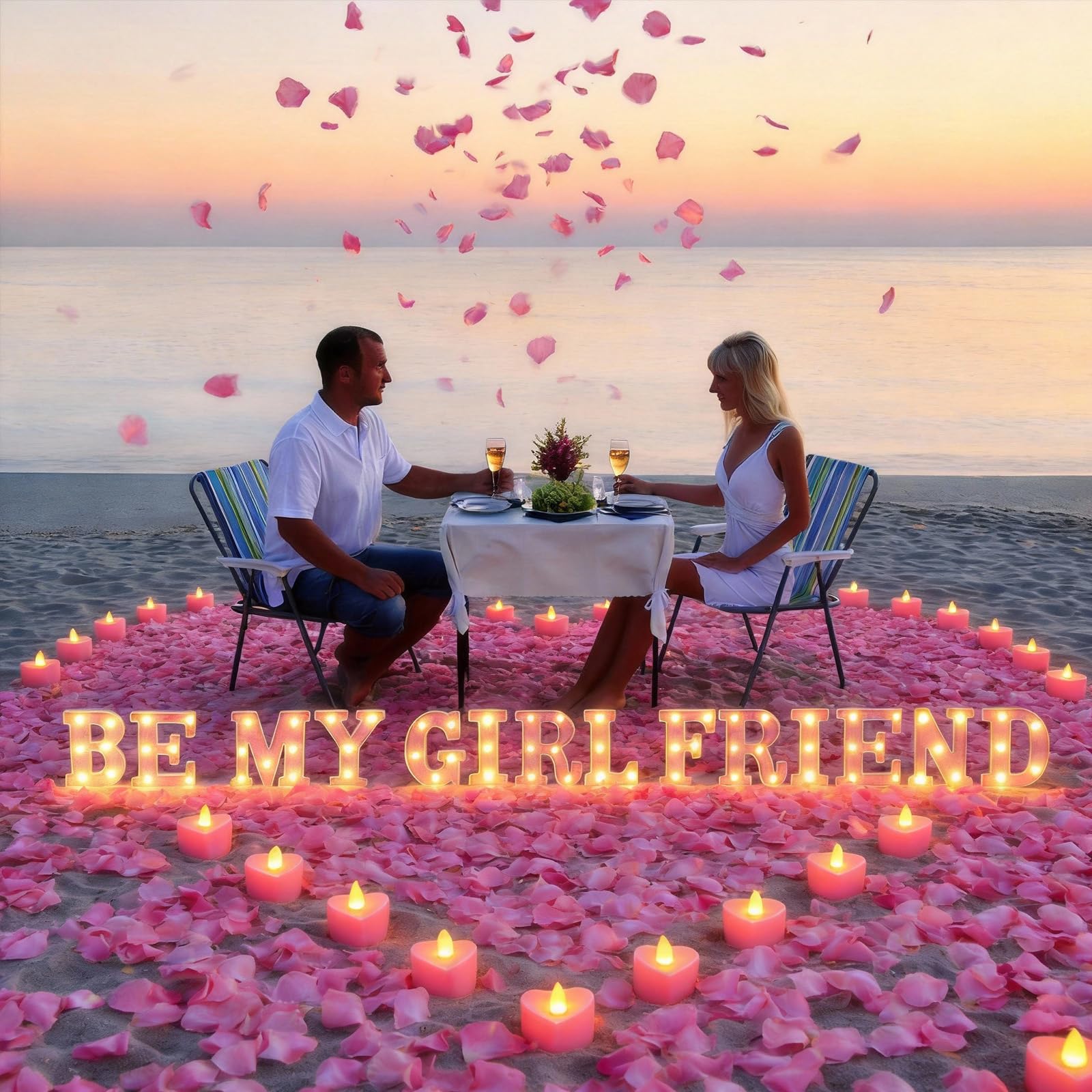 Ceenna 6038 letras iluminadas con texto en inglés "Be My Girlfriend", 24 letreros LED con 24 velas de corazón sin llama, 6000 pétalos de rosa artificiales, decoración romántica para el día de San