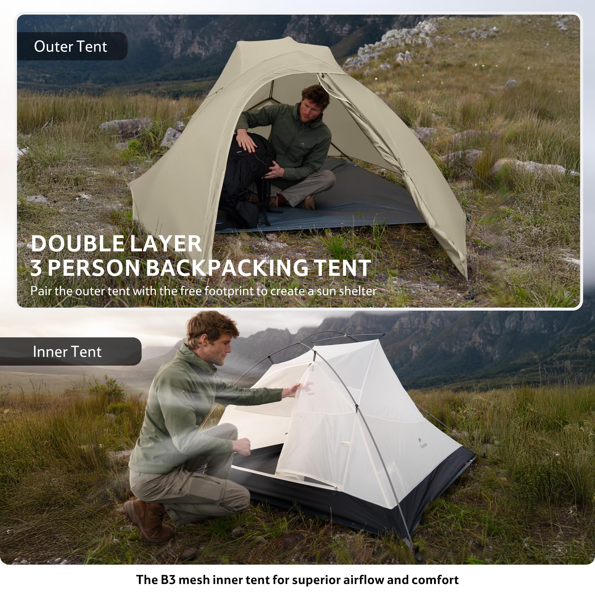 Naturehike Cloud Up Pro Tienda de campaña ligera para 3 personas, fácil montaje, resistente al viento e impermeable, para viajes al aire libre, trekking