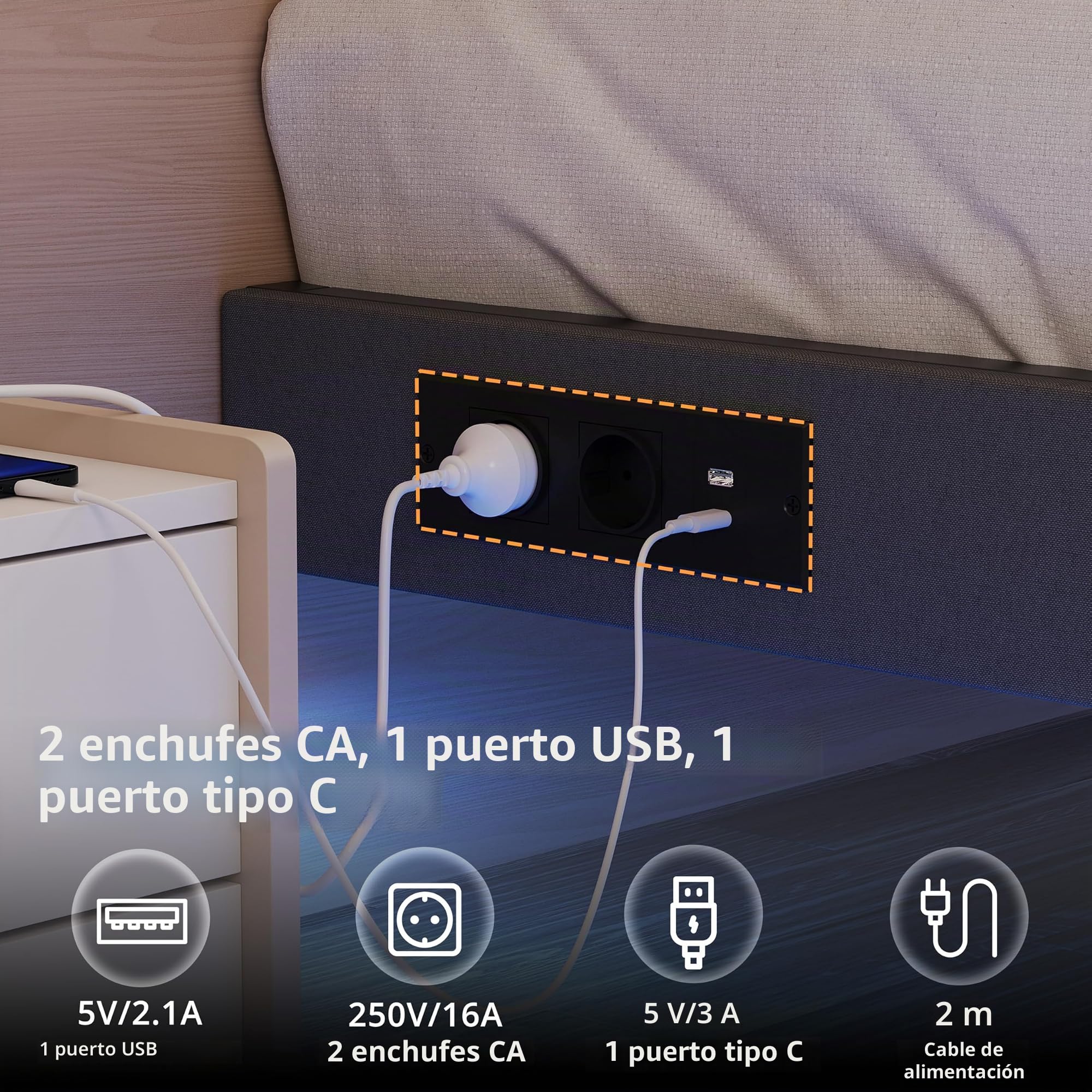 IRONCK Cama de 160 x 200 cm con iluminación LED y estación de Carga, Estructura de Cama de 160 x 200 cm, Color Gris