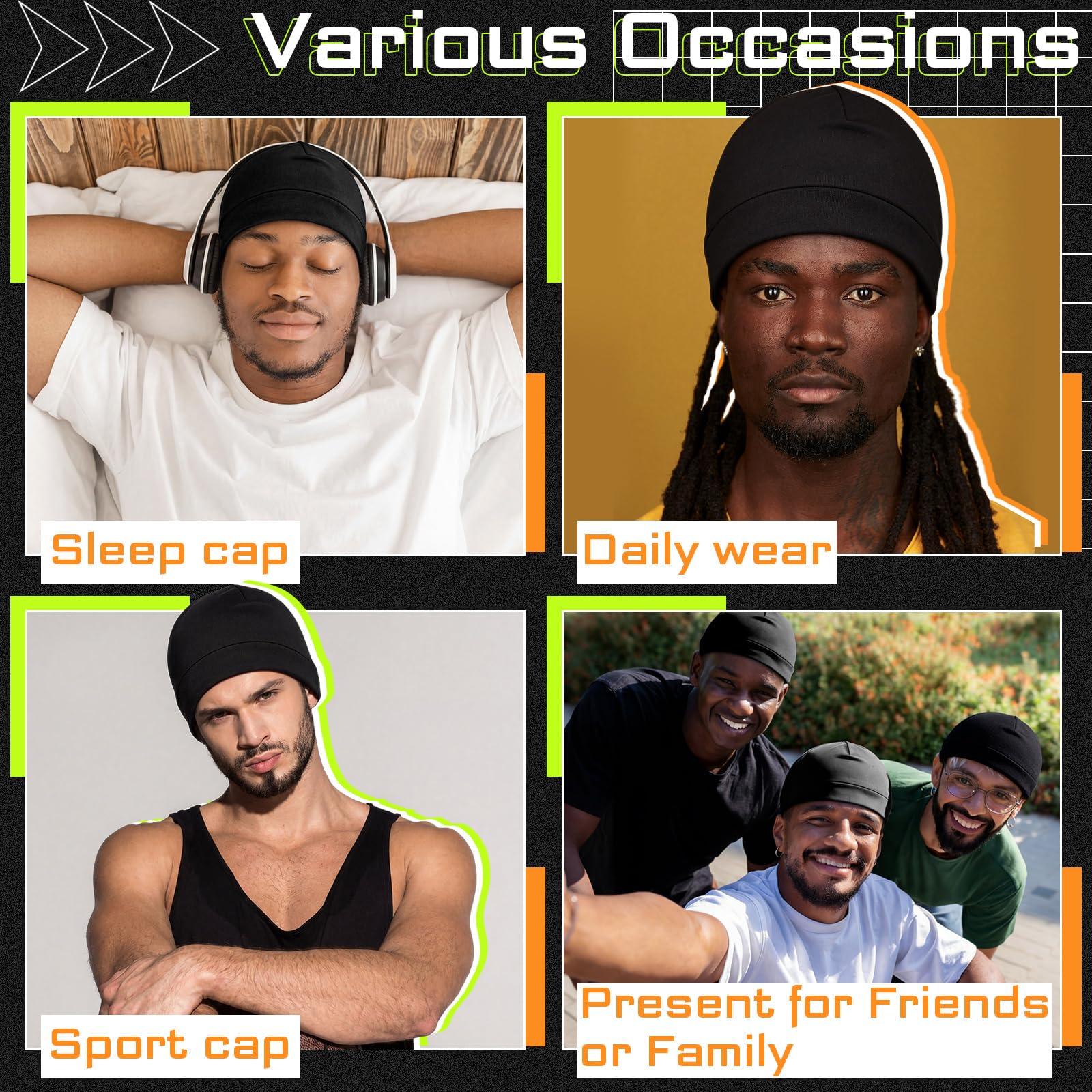 Unittype 4 Pcs Satin-Lined Skull Cap Satin Interior Lined Beanie Cap Wearable Night Sleep Hat for Men Women Hair Protection — view 4