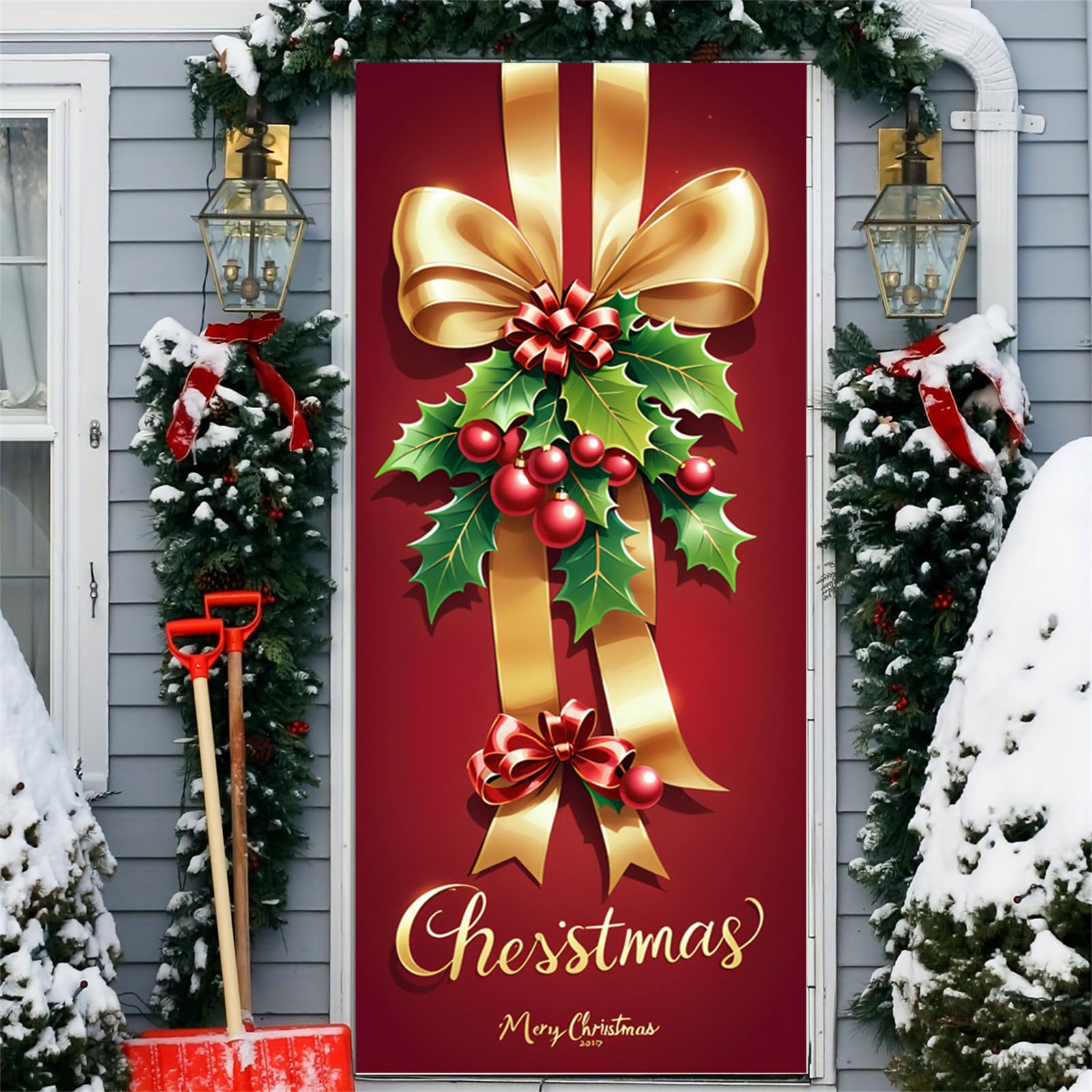Surwin Campana Forro Puerta Navidad, 90x200cm Adornos Navidad Decoración de Cubierta de Puerta de Navidad, Decoracion Navidad Entrada Exterior Interior Casa, Pancarta de Navidad (Lazo)