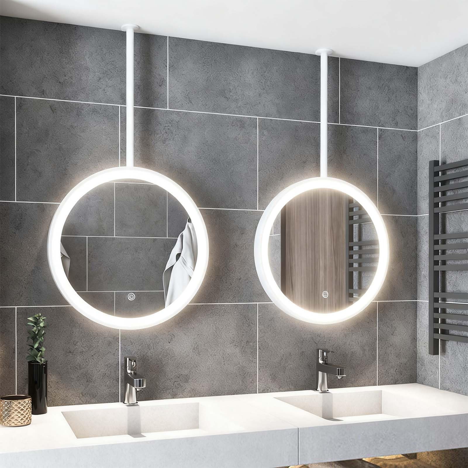 FGXHHS Circle Vanity/Makeup Mirrors for Bathroom Illuminated LED Mirror Wall Mounted with 3 Colour Lighting, Ceiling Hanging Rod - Boom can be customized(White,Diameter-50CM/19.7INCH)