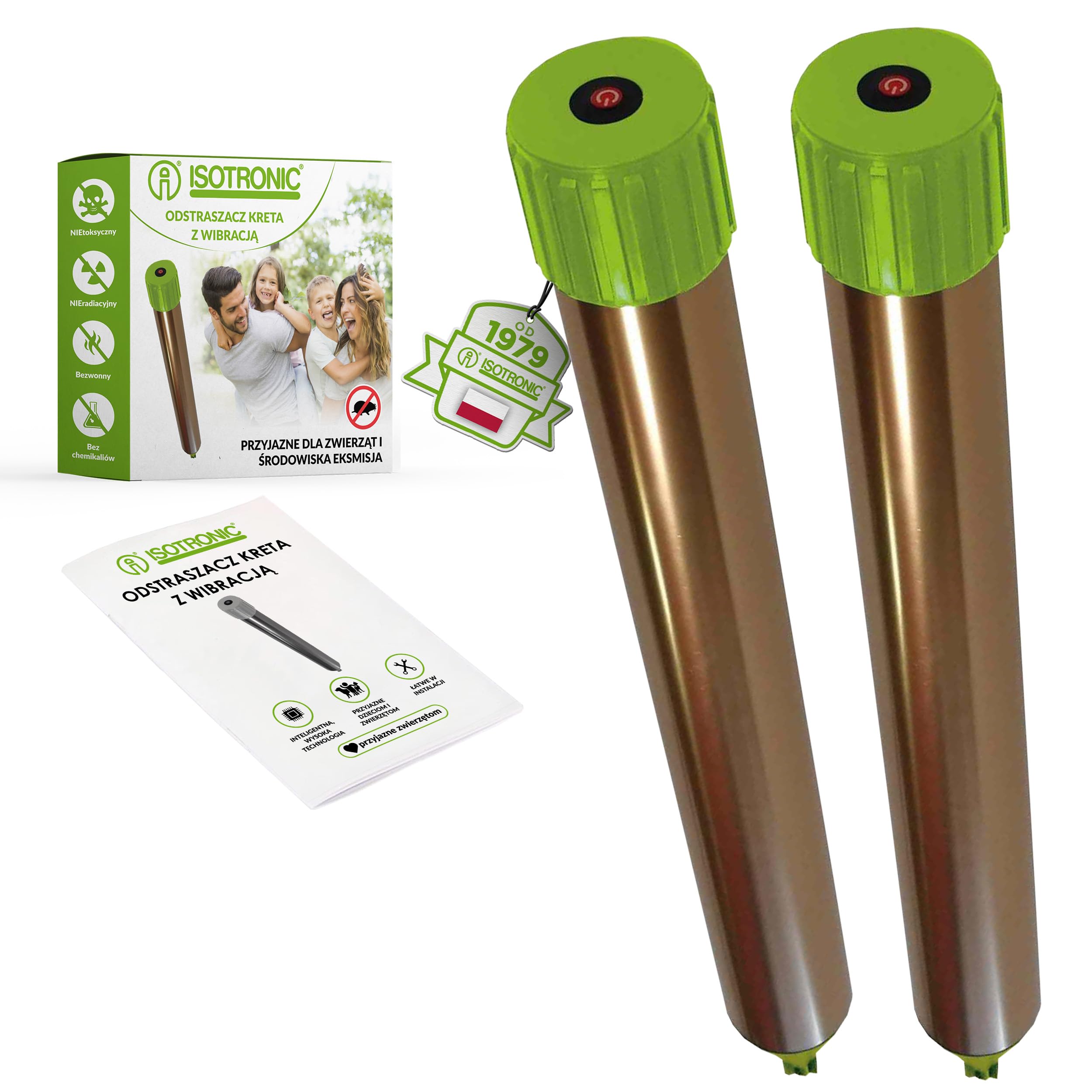 ISOTRONIC Vibrasonic odstraszacz kretów z włącznikiem On/Off (Zestaw 2 sztuk)