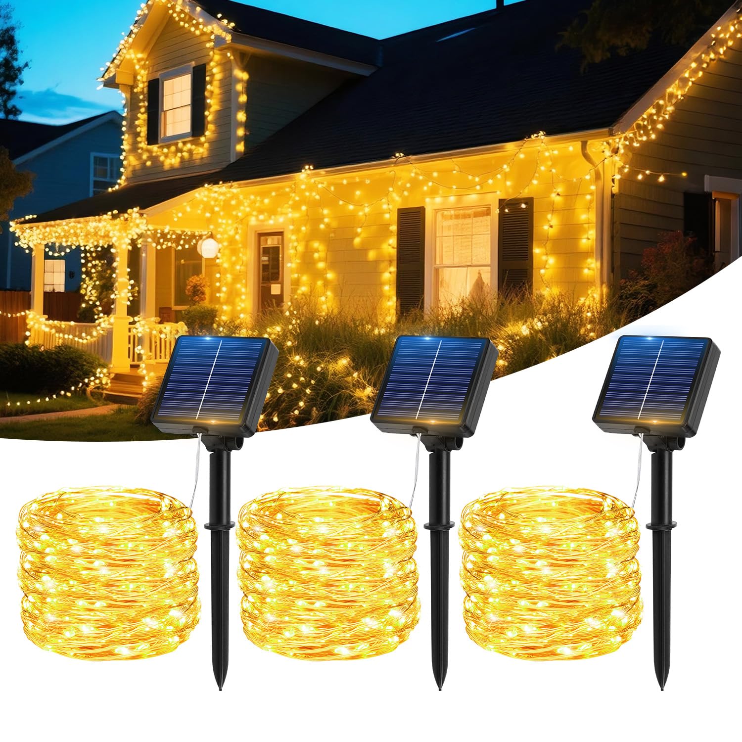 Hoteril Luces solares Led Exterior Jardin, 3 x 17M 150 LED Guirnaldas Luces Exterior Solar, IP65 Luces Solares Exterior con 8 Modos, Guirnalda Luces Exterior para Jardín, Terraza, Boda, Decoración