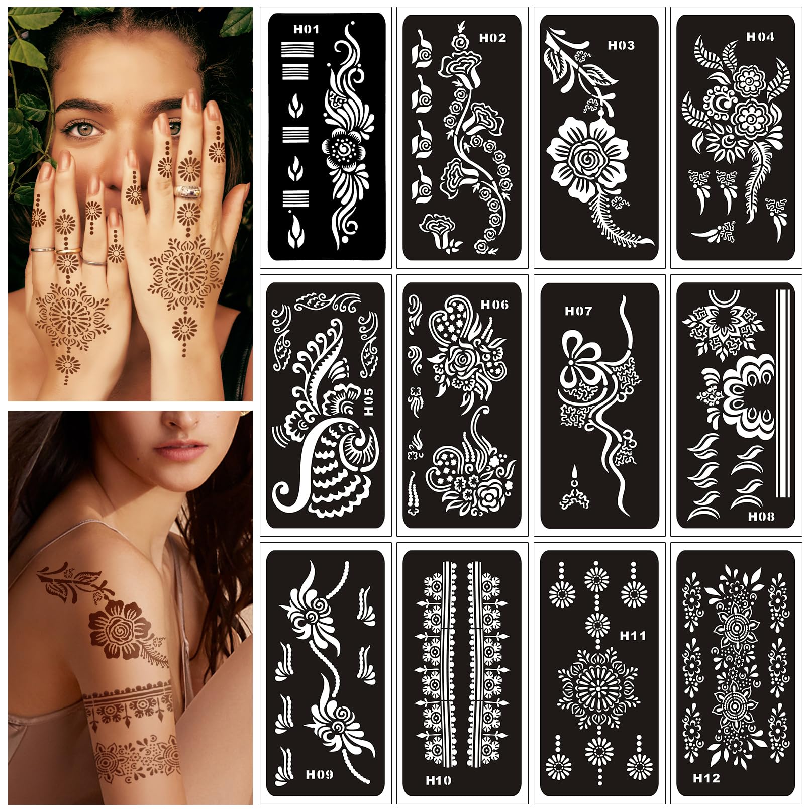 Tattoo Stencils for Kids and Adults - 12 Sheets Henna Kit for Hands,Mehndi,Real Tattoos,and Airbrush-image-6