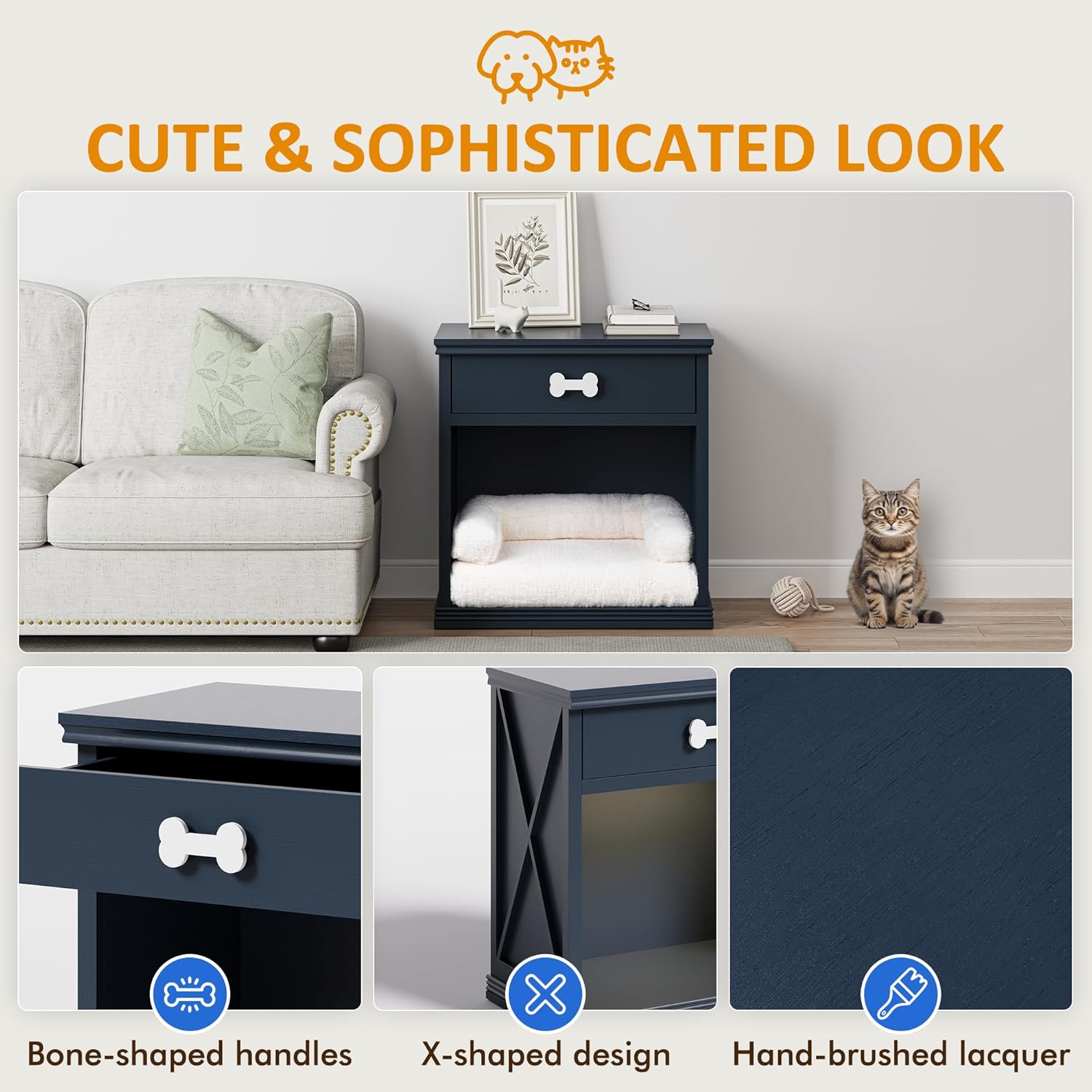 Cat End Table, Dog Crate Table Hidden Litter Box Enclosure with Drawer, Cat Side Table Storage Cabinet with Light and Pet Bed, Dog Kennel End Table, Nightstand for Living Room