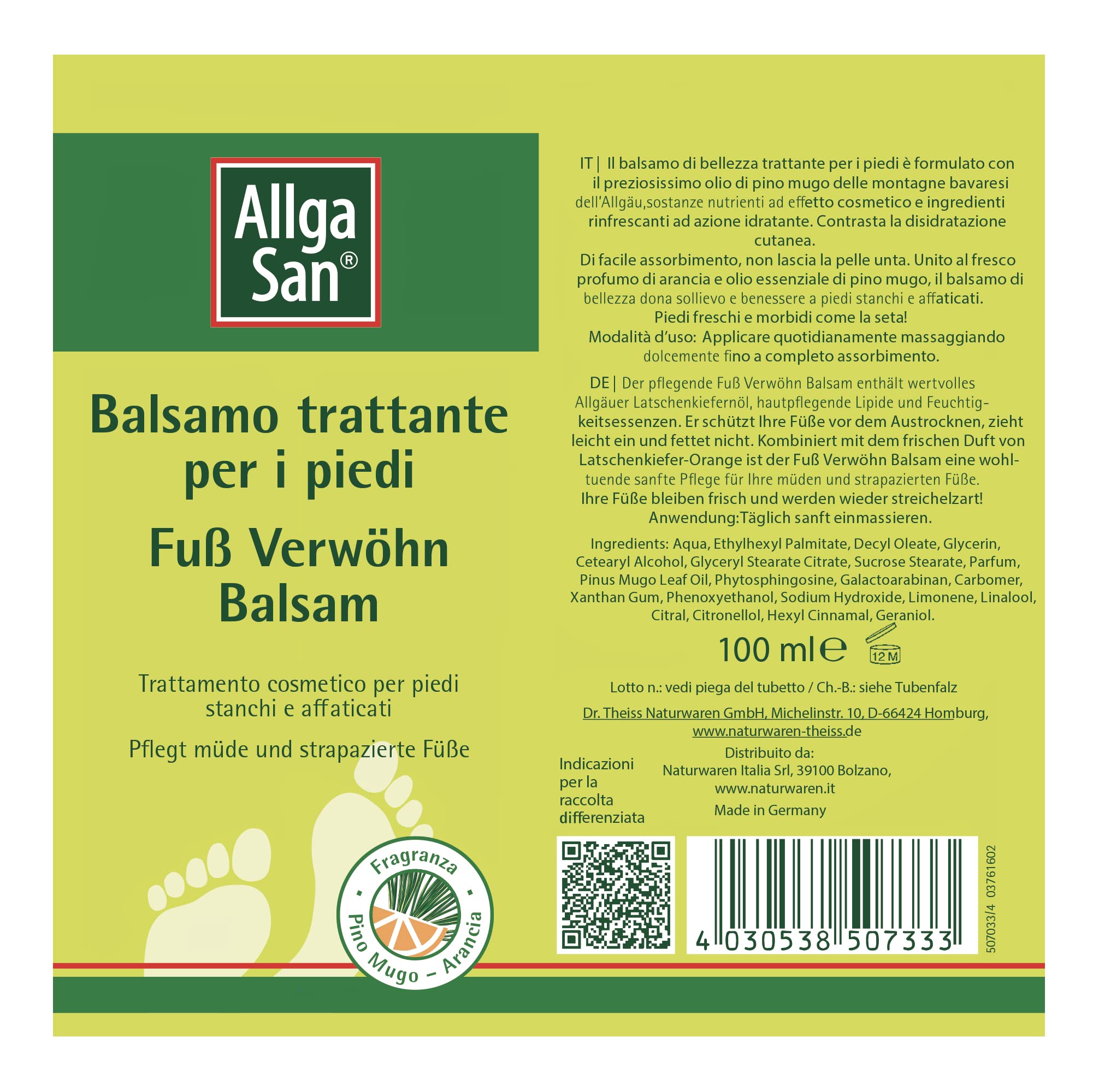 Allga San Balsamo Trattante per Piedi - Crema Piedi Secchi Screpolati 100 ml, Trattamento Cosmetico, Idratante e Nutriente per Sollievo a Piedi Stanchi e Appesantiti, con Pino Mugo e Arancia