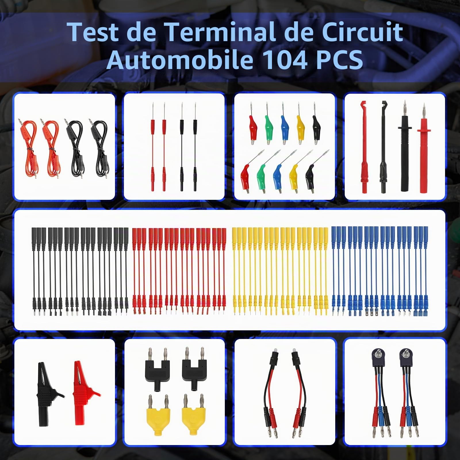 Ensemble de 104 cordons de test pour multimètre Kit de cordons de test de circuit automobile Kit de cordons de dérivation électrique Kit automobile avec pinces crocodiles