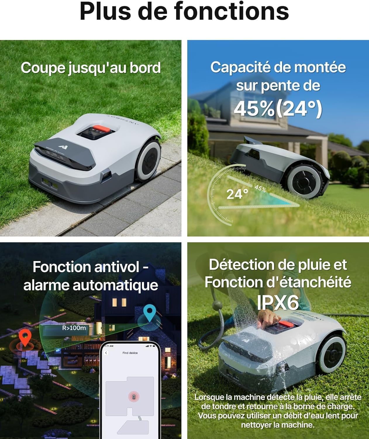 ANTHBOT Genie1000 Robot Tondeuse sans Fil Périphérique -2000m² Full Band RTK+4Yeux IA Vision Tondeuse Robot Gazon, Auto Cartographie, 20Multi-Zone, Évitement des obstacles, Charge Auto, Alarme antivol