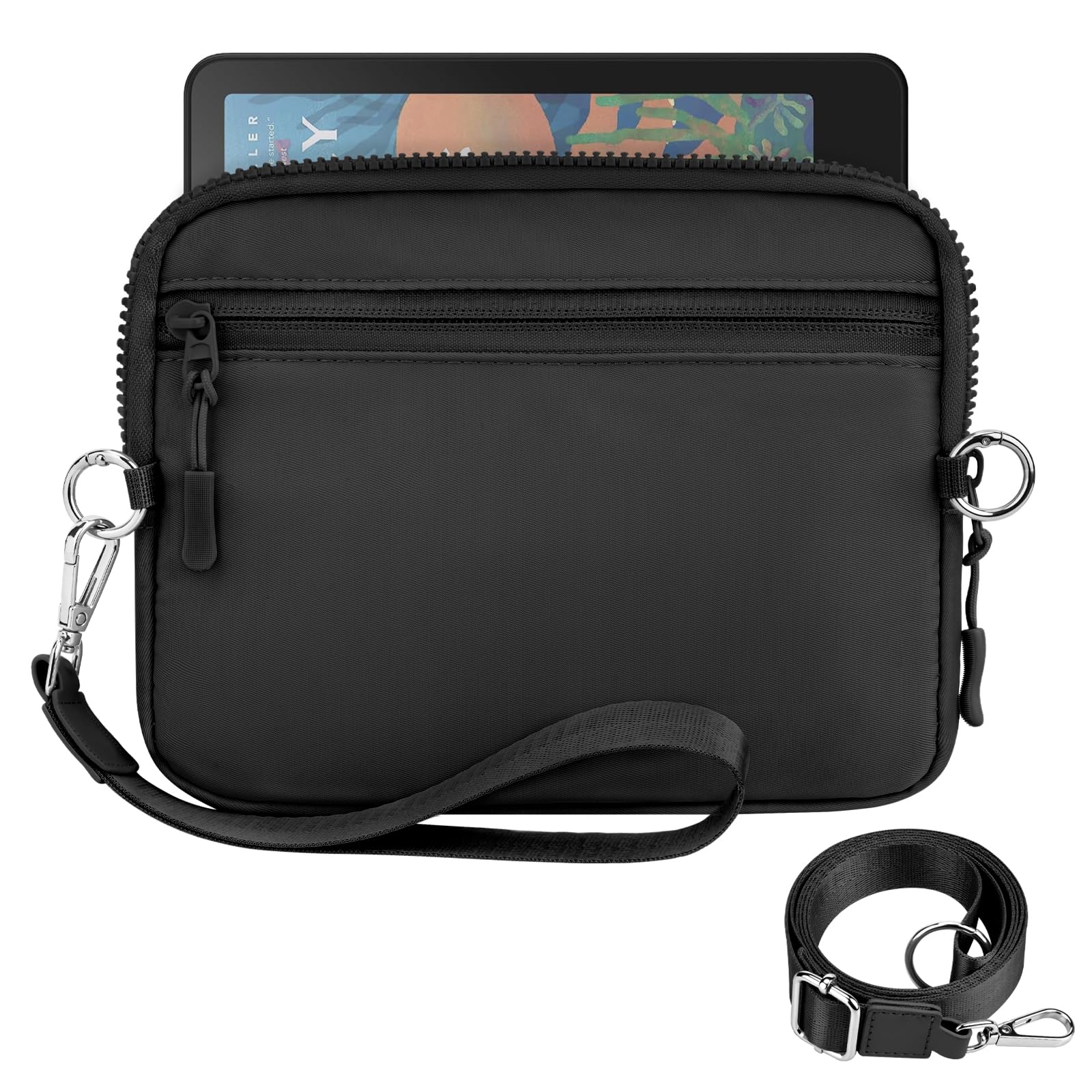 Dadanism Custodia Protettiva Imbottita con Tracolla e Cinturino da Polso per 7" Kindle Paperwhite/Colorsoft, 6" Kindle/Kobos/Nook, Slot per Schede con Blocco RFID, Nero