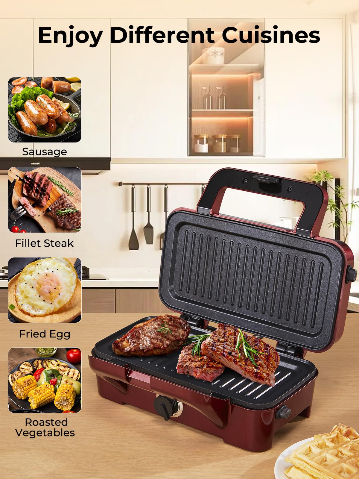 HOUSNAT Gaufrier 3 in 1, Appareil à Croque Monsieur avec Contrôle de Température à 5 Vitesses, Pour Gaufres Belges, Revêtement Antiadhésif, Parfait pour le Petit Déjeuner, Rouge