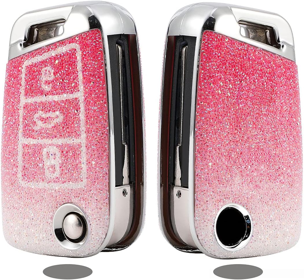 HIBEYO Bling Car Key Case Suitable for VW Protective Car Key Cover for Golf 7 MK7 Passat Skoda Superb Kodiaq Fabia Octavia Seat Leon Ateca Remote Key Box PC + Rhinestone Rose - Image 4