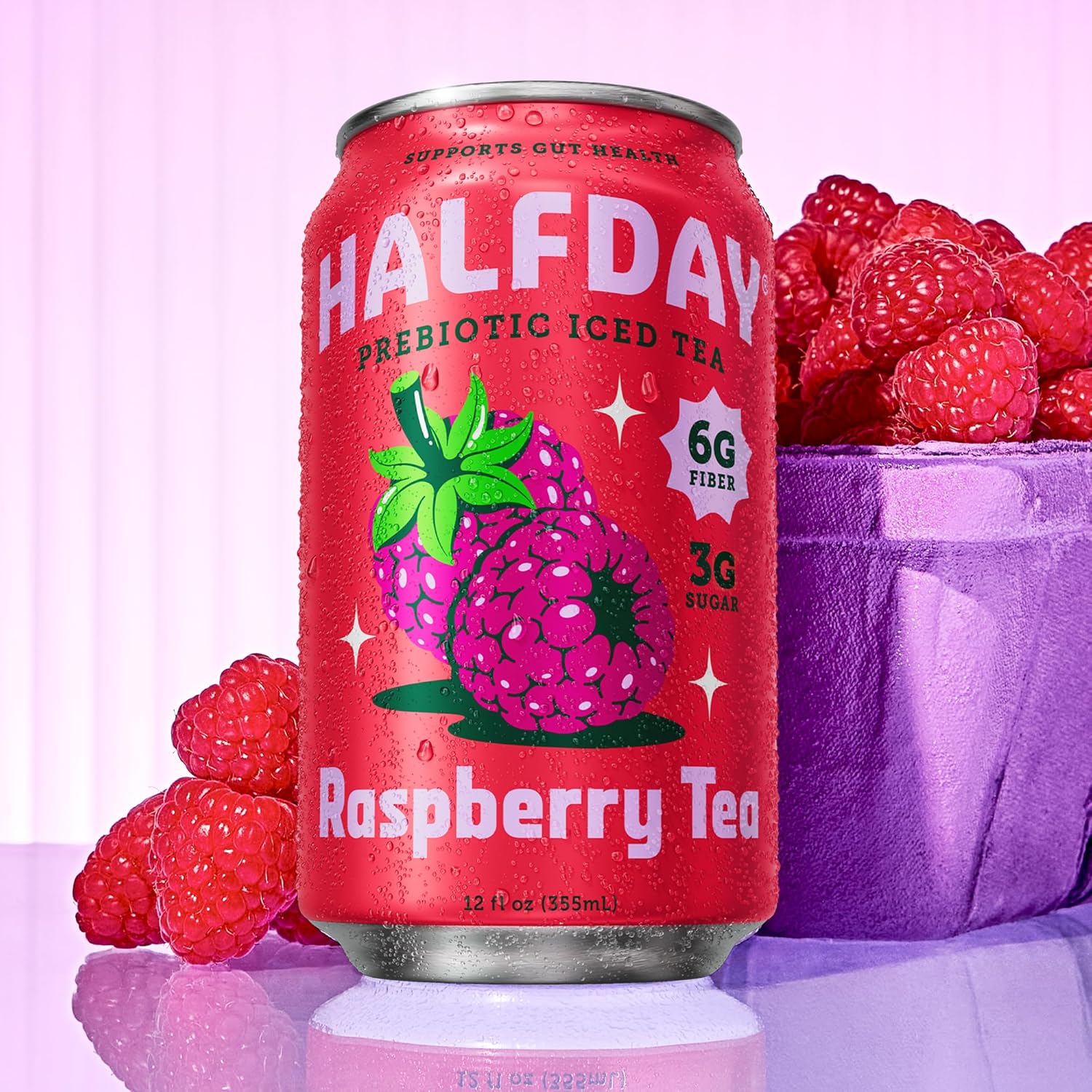 HALFDAY Prebiotic Raspberry Iced Tea Cans, Supports Digestive & Gut Health, 6g Plant Fiber & Prebiotics, Low Sugar, 35 Calories, Real Brewed Tea, Natural Caffeine, Gluten Free, 12 fl oz (12 pack) Packaging May Vary
