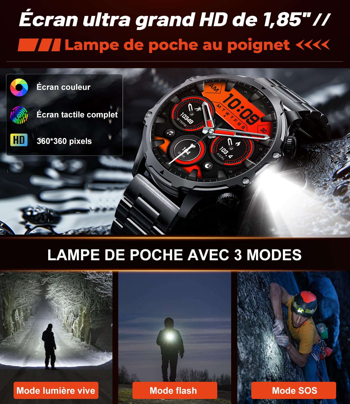 LIGE Montre Connectée Homme, Grand Écran HD 1,85''/800mAh/Torche LED, Smartwatch avec Appel Bluetooth, Étanche 5ATM, 110+ Modes Sportifs, Suivi Fréquence Cardiaque et Sommeil, Android iOS,FV15-D