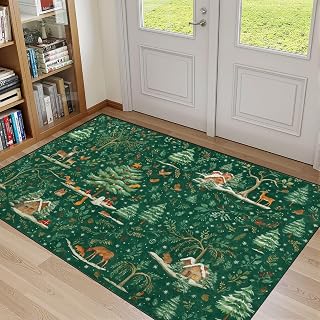 32"x 48" Door Mat Washable Entryway Rug Welcome Mat Indoor Whimsical Winter Wonderland Snowy Trees Deer Cozy Houses Boho Area Rugs Non Slip Backed Bathroom Rugs Kitchen Mats for Floor Home Decor