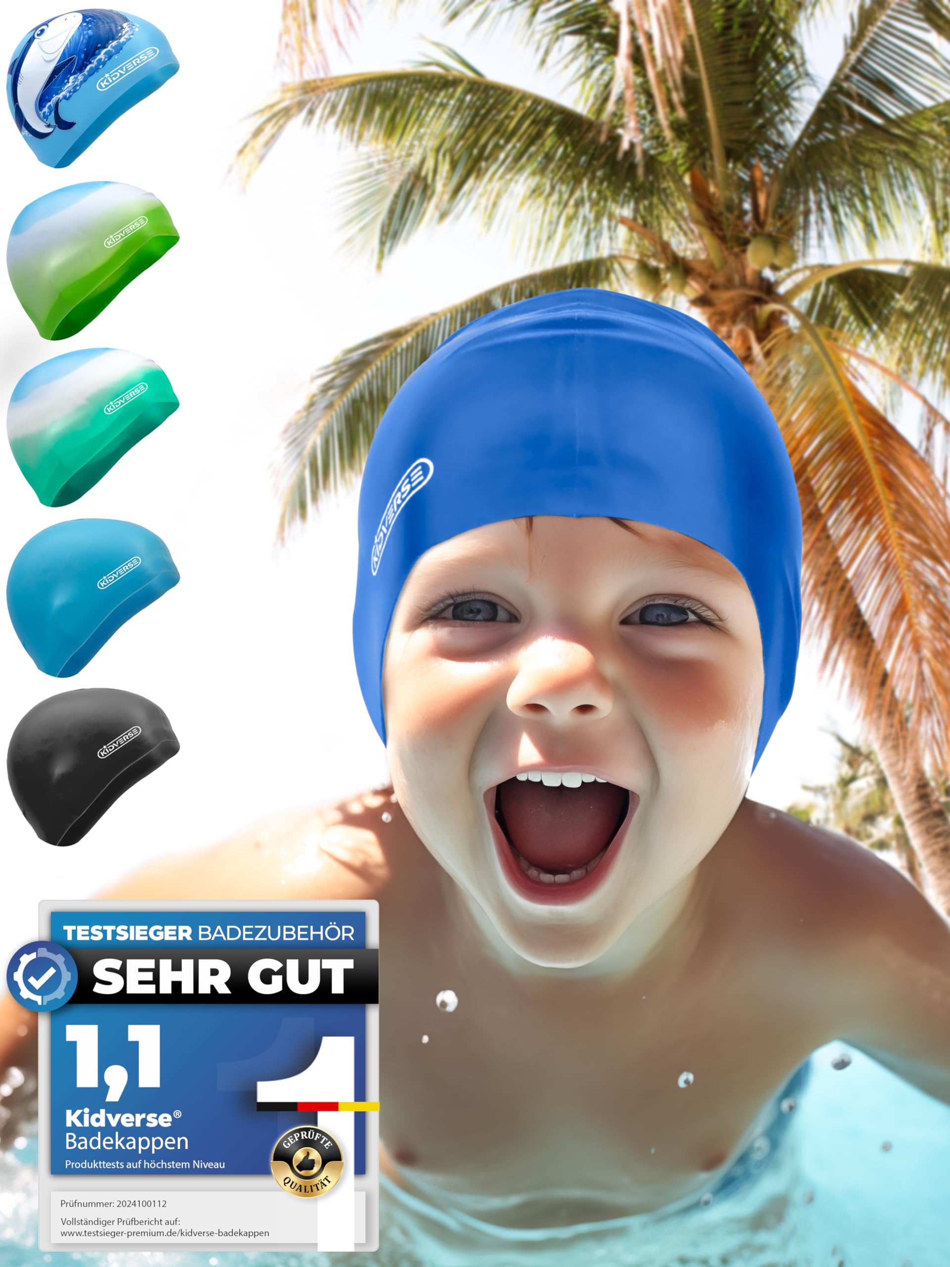 KIDVERSE Badekappe Kinder wasserdicht - Schwimmhaube Kinder mit Anti-Rutsch-Noppen - Badekappen für Schwimmer mit UV Schutz - Schwimmhaube Jungen - Reißfeste Badehauben in verschiedenen Größen