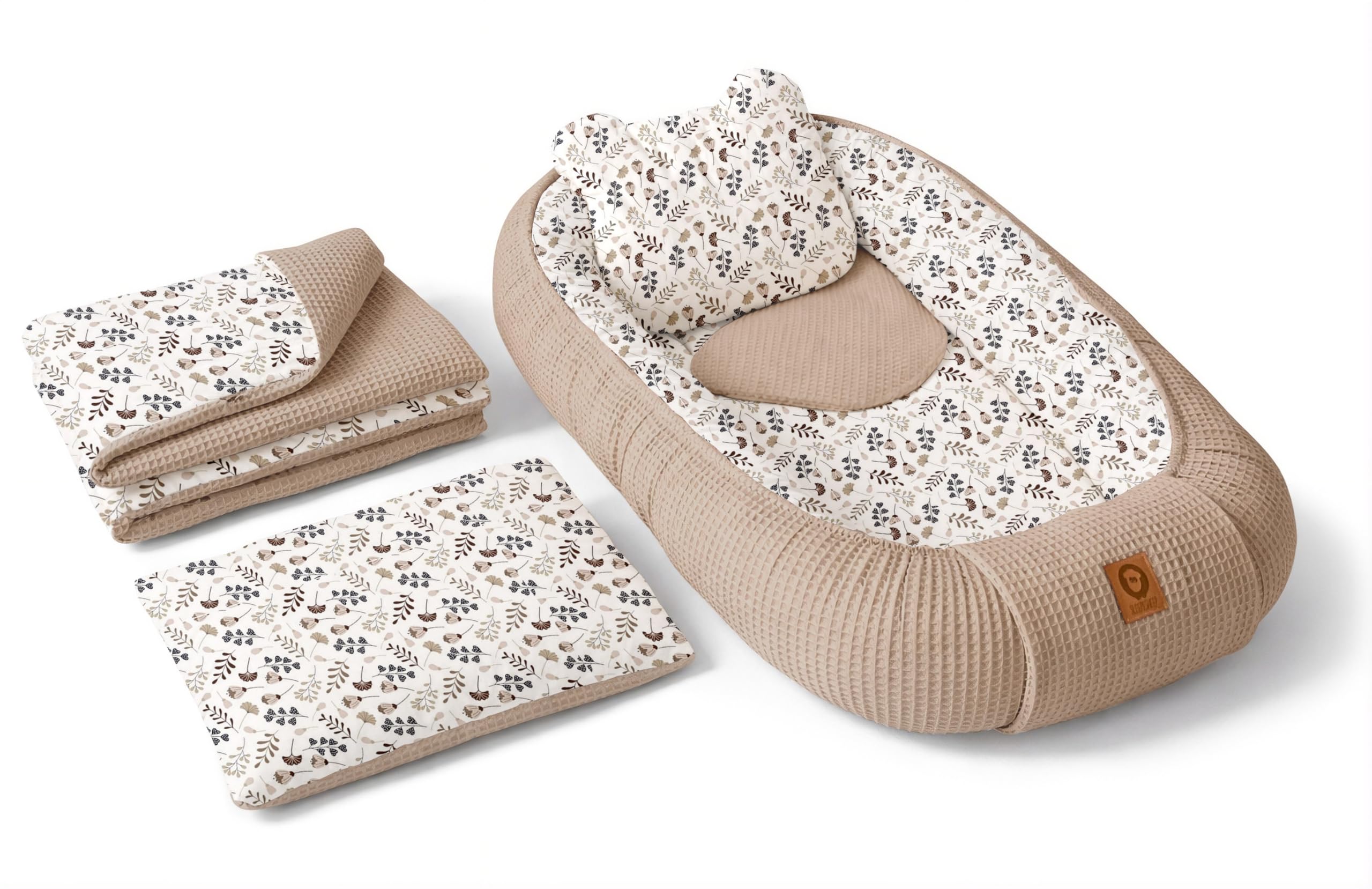 Babynest Nestchen Baby Set für Neugeborene – 5-teilig – Kuschelnest aus 100% Baumwolle & Waffelpique – Babykokon tragbar – für Babybett, Kinderbett & Kinderwagen – OEKO-TEX - Zweige und Braun