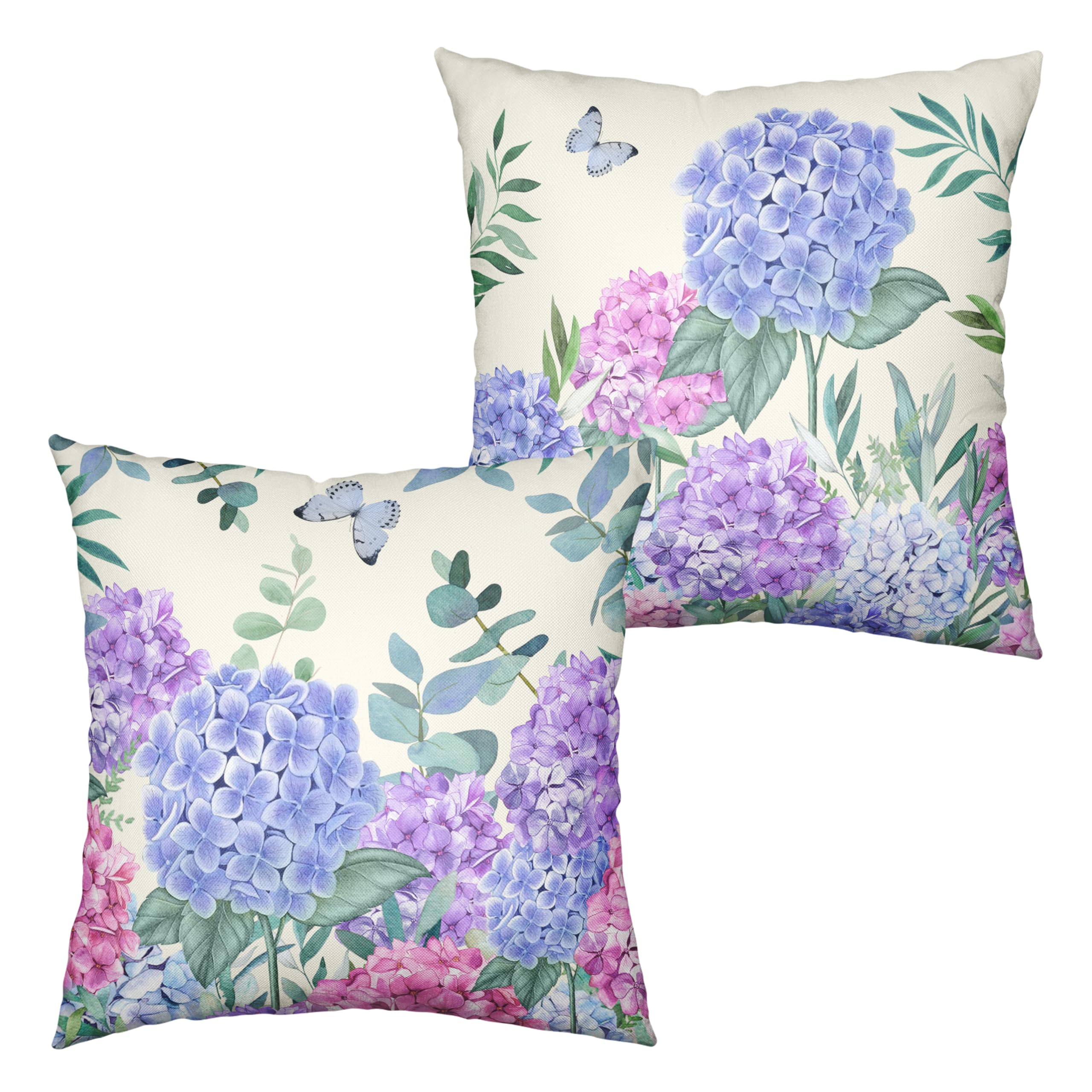 Kwlegh Hydrangea Pillow Covers 22x22 Set of 2 Spring Flowers Outdoor Pillow Covers Blue Purple Hydrangea Eucalyptus Throw Pillowcase Cotton Linen