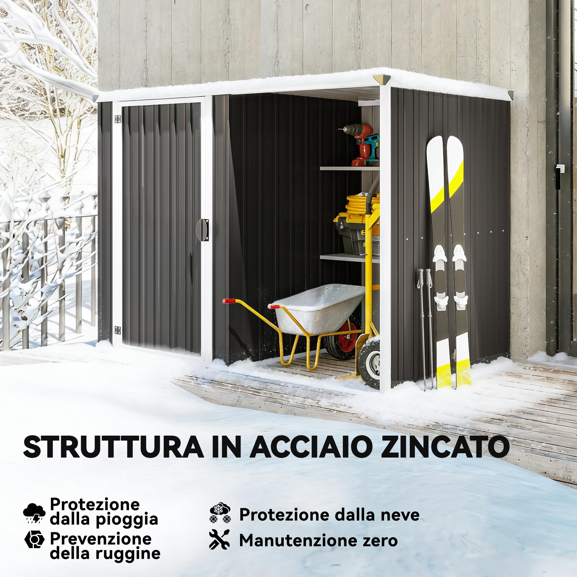 Outsunny Casetta da Giardino 2.7m² in Acciaio Zincato Design Layout Diviso con 2 Ripiani, Capanno da Giardino Porta Attrezzi con Porta Bloccabile, Chiavi, Tetto Inclinato, Guanti, Grigio Scuro