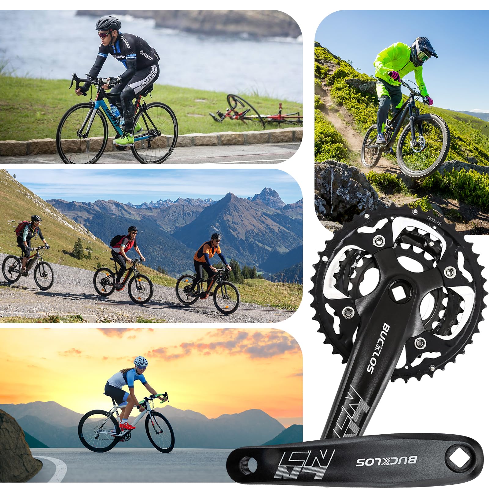 Pédalier trois plateaux, triple plateaux, sr suntour power flo shifting, 175mm 24/34/42 dents, axe carré, 3 - Équipements vélos
