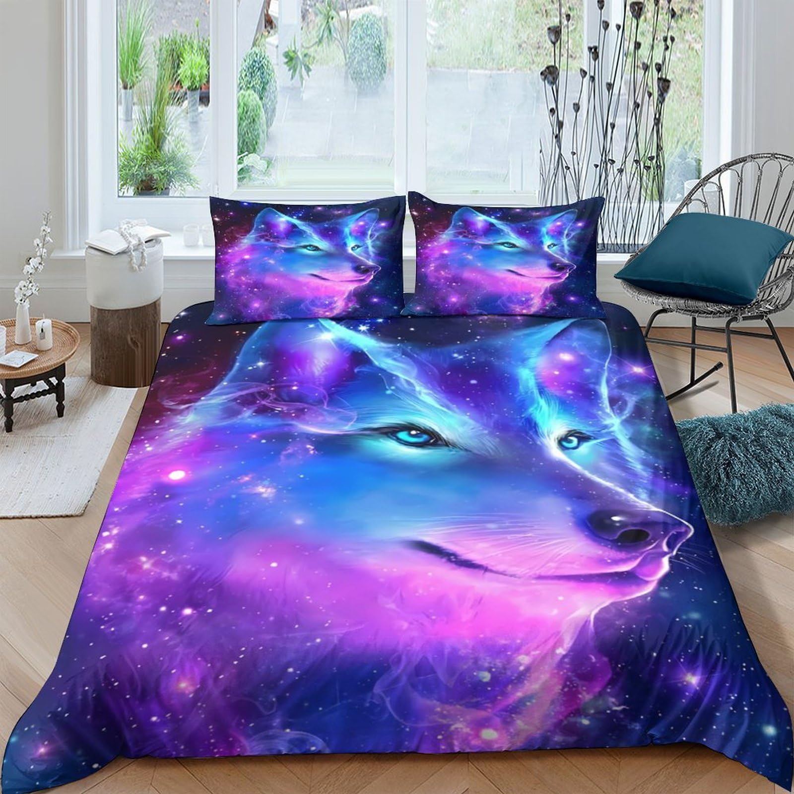 Ctjqhvkz Style-8 3D Printed Galaxy Wolf Fitted Sheet Microfiber Soft Breathable Nebula Mattress Cover For Bedroom Dorm Decor Single（135X200cm）