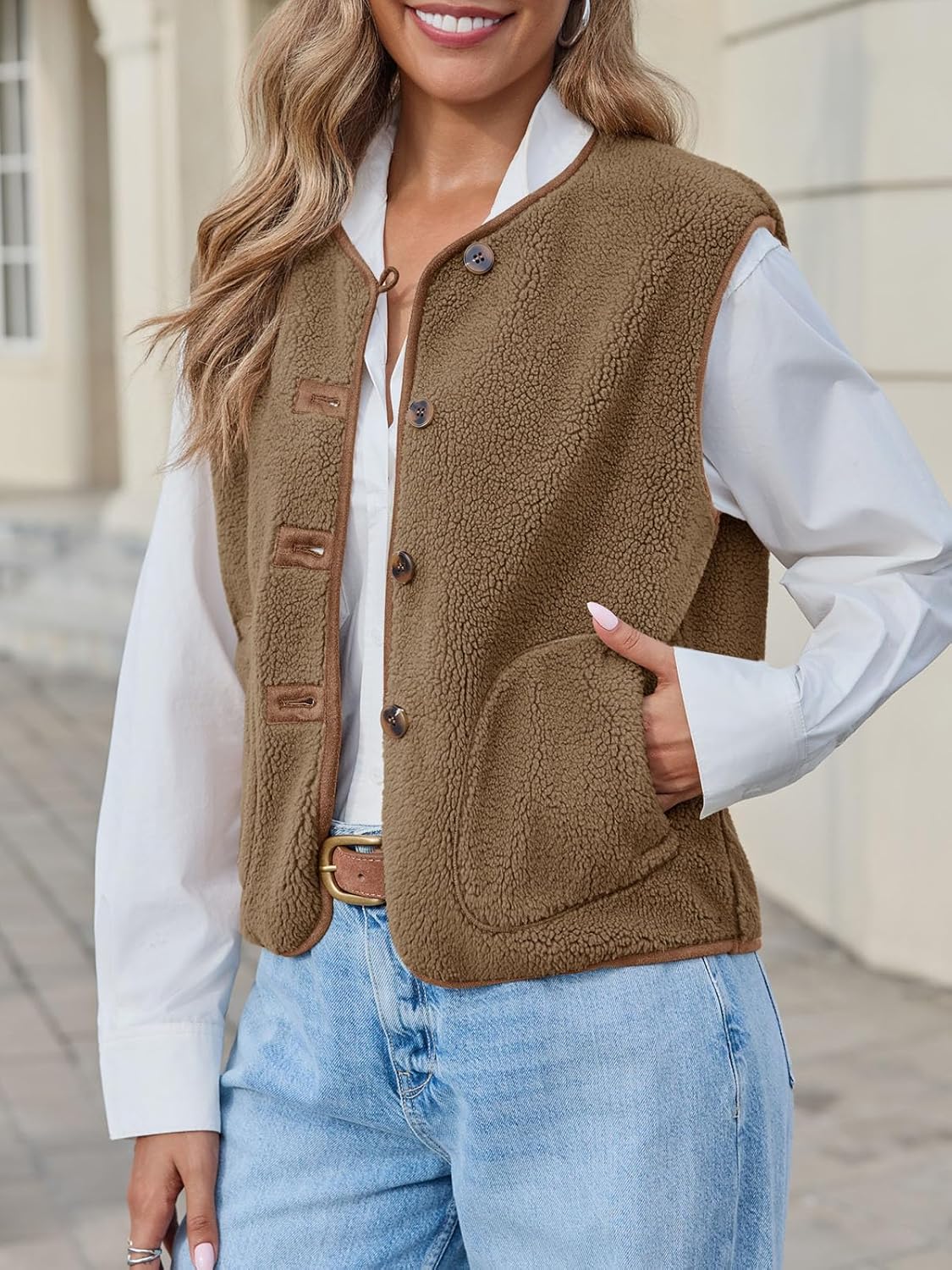 Tanakneo Womens Fuzzy Fleece Vest Sleeveless Button Down Fall Sherpa Jacket Winter Warm Old Money Outerwear with Pockets - Image 2