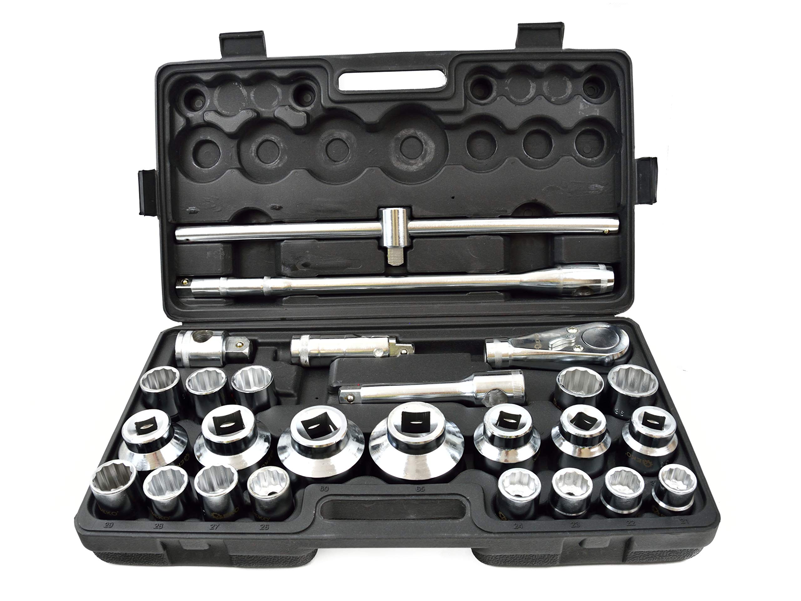 BSD Juego de Llaves de Vaso 12 caras, Métricas - Set de Vasos 3/4” y 1” - Llave de Carraca 3/4” y Adaptador 1” - 21-65mm - 26 piezas