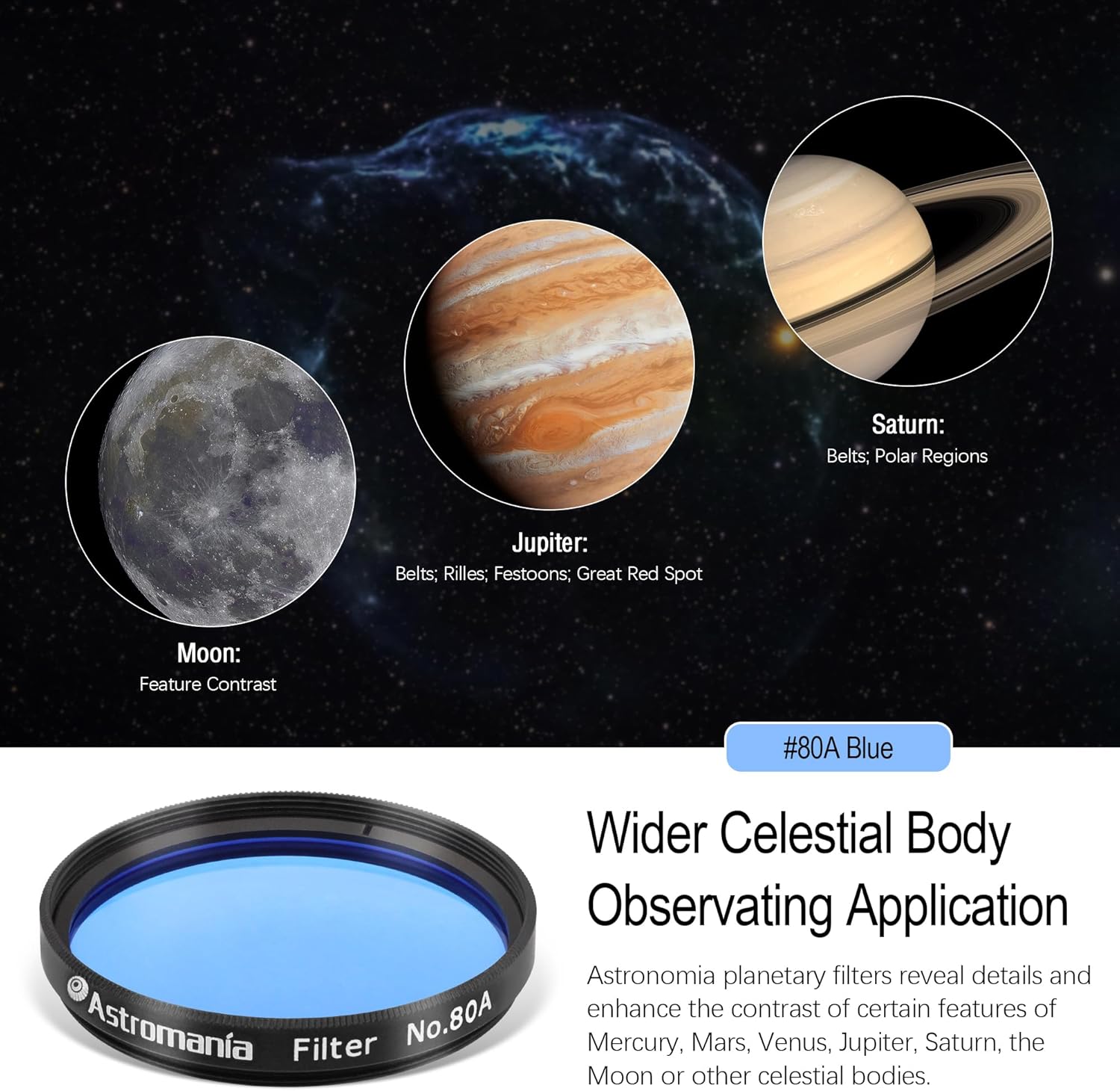 Astromania Telescope Filter, 2 Inches Planetary Filter for Astronomy Telescope Eyepiece, Color Filter for Enhancing Contrast in Lunar Planetary Observation - #80A Blue