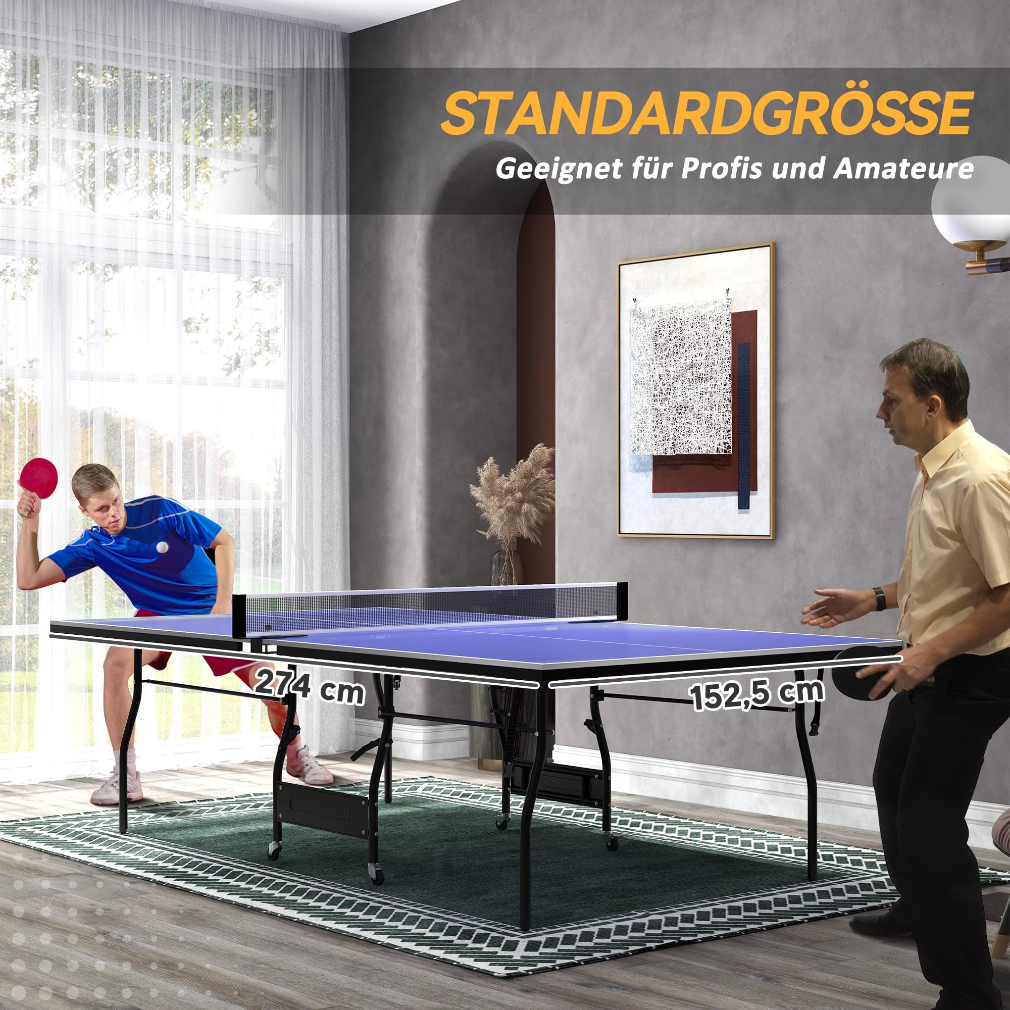 SPORTNOW Tavolo da tennis pieghevole indoor 274x152.5x76cm Blu | Tavolo da tennis da tavolo standard con ruote, rete, 3 palline, piano da 12mm, resistente alle intemperie.