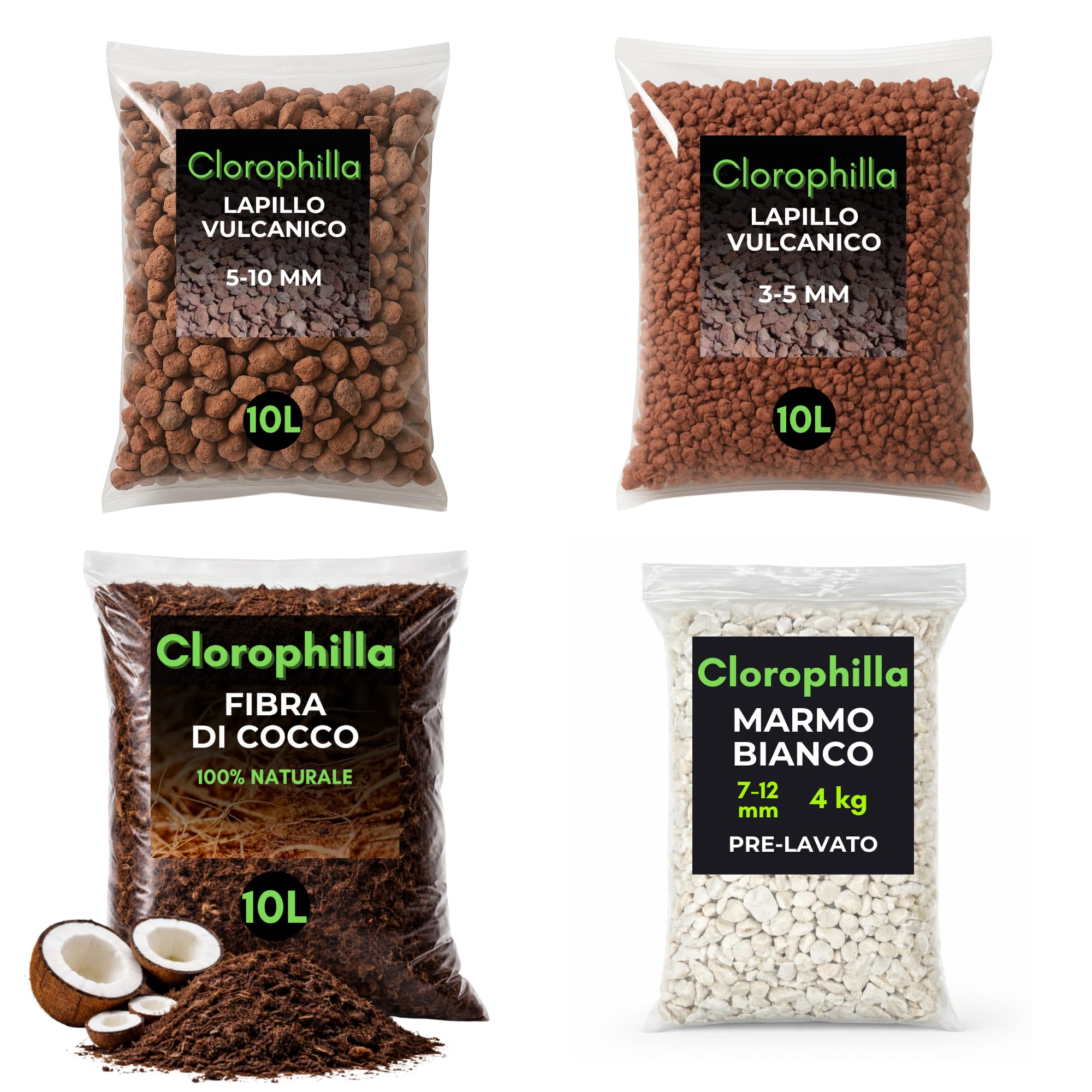 CLOROPHILLA Kit Drenaggio per Piante – Lapillo Vulcanico 3-5 mm + Lapillo 5-10 mm, Fibra di Cocco Naturale 2L, Marmo Bianco 7-12 mm – Substrato Completo per Vasi, Orto e Piante da Interno (KIT 10L X4)