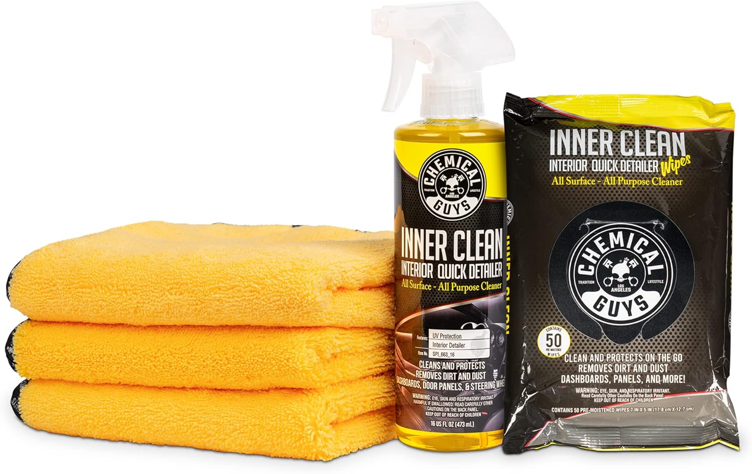 Chemical Guys SPI_663_16KIT Complete InnerCleaner Interior Quick Detailer Kit - 5 Items Including (1) 16 oz Sprayable InnerClean, (1) 50 Pack of InnerClean Wipes & (3) 16"x16" Microfiber Towels