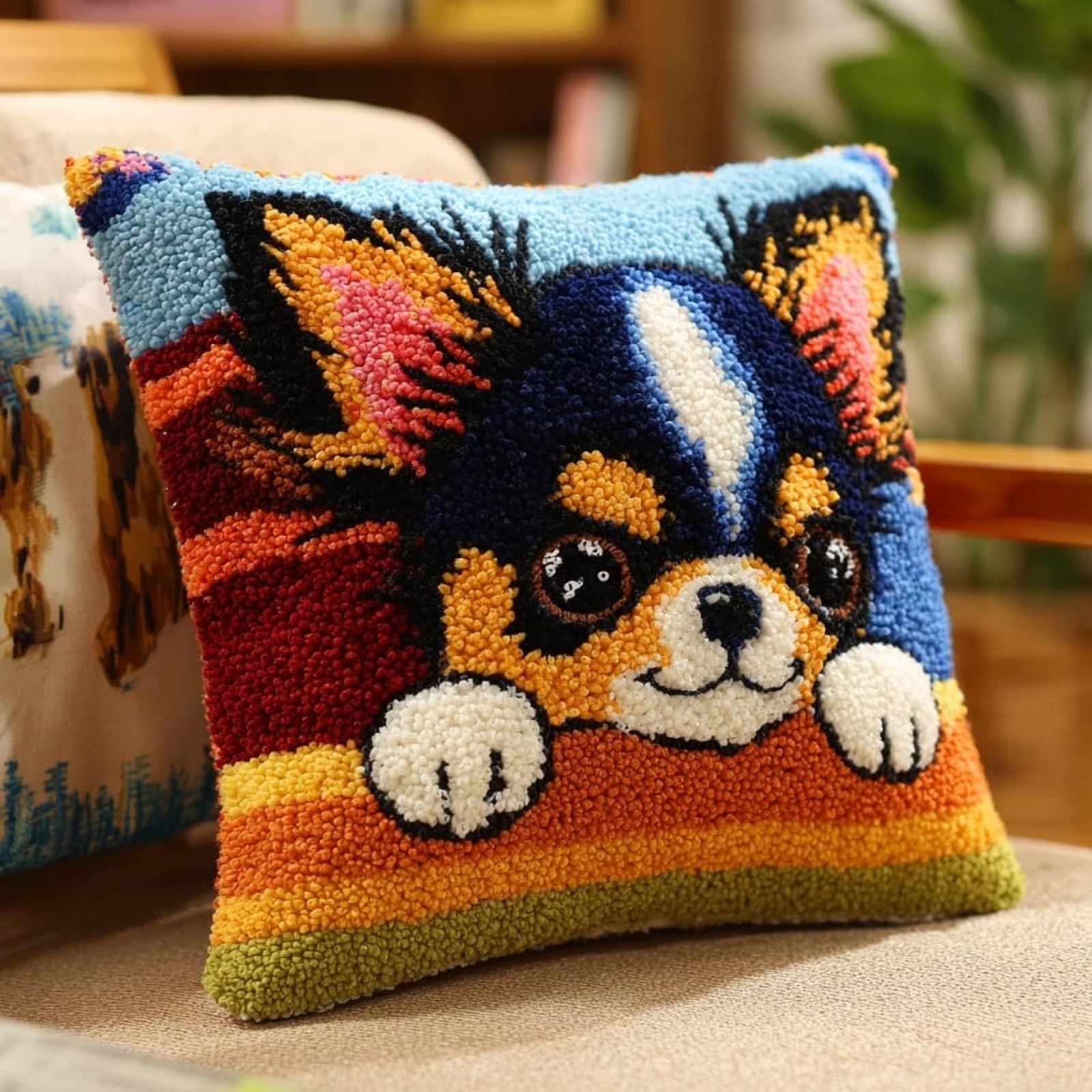 Henypt Easy Beginner Latch Hook Pillow Kit 43x43cm,Chihuahua Needlework Cushion Set Pre-Printed Canvas and Tool Included,Simple Sofa Decor Project