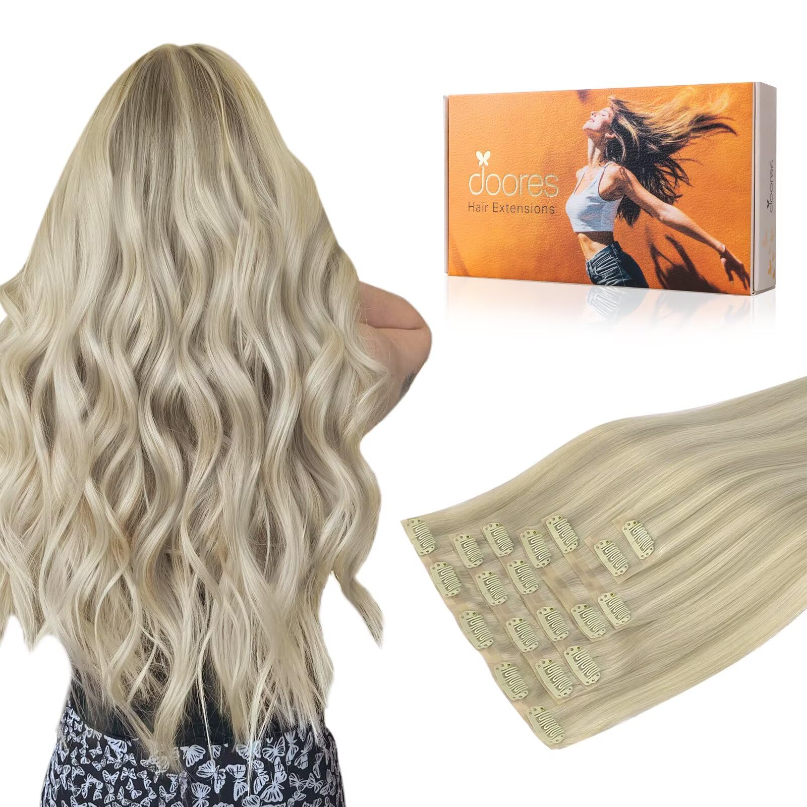 DOORES Clip in Hair Extensions, Real Human Hair, Ash Blonde Highlighted Platinum Blonde 150g 7pcs 22 Inch Clip in Virgin Hair Extensions, Invisible