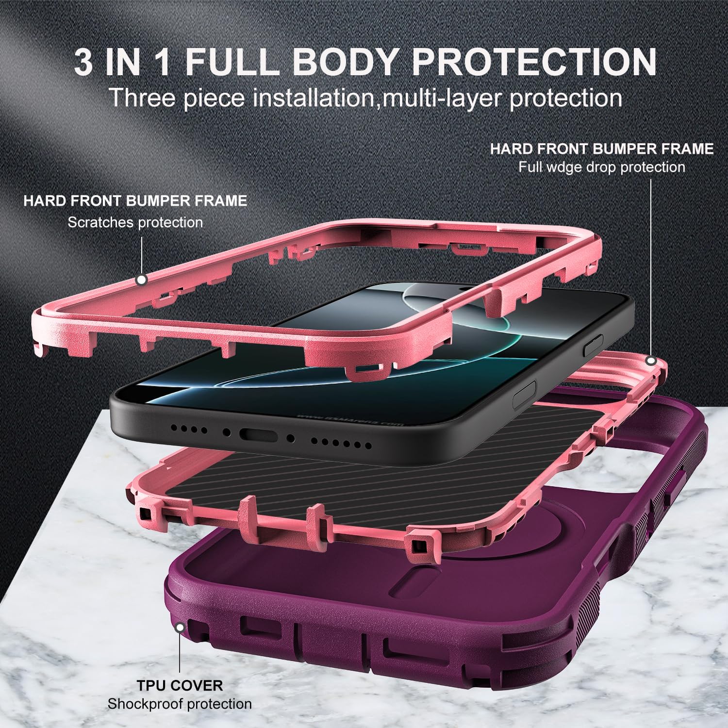 YKHJKLEC for iPhone 16 Pro Case, Military Grade 3 in 1 Heavy Duty Shockproof/Drop Proof/Dust Proof with Kickstand Case, with 2 x Tempered Glass Screen Protector & 1 x Wrist Strap (ZJ-Purple/Pink)