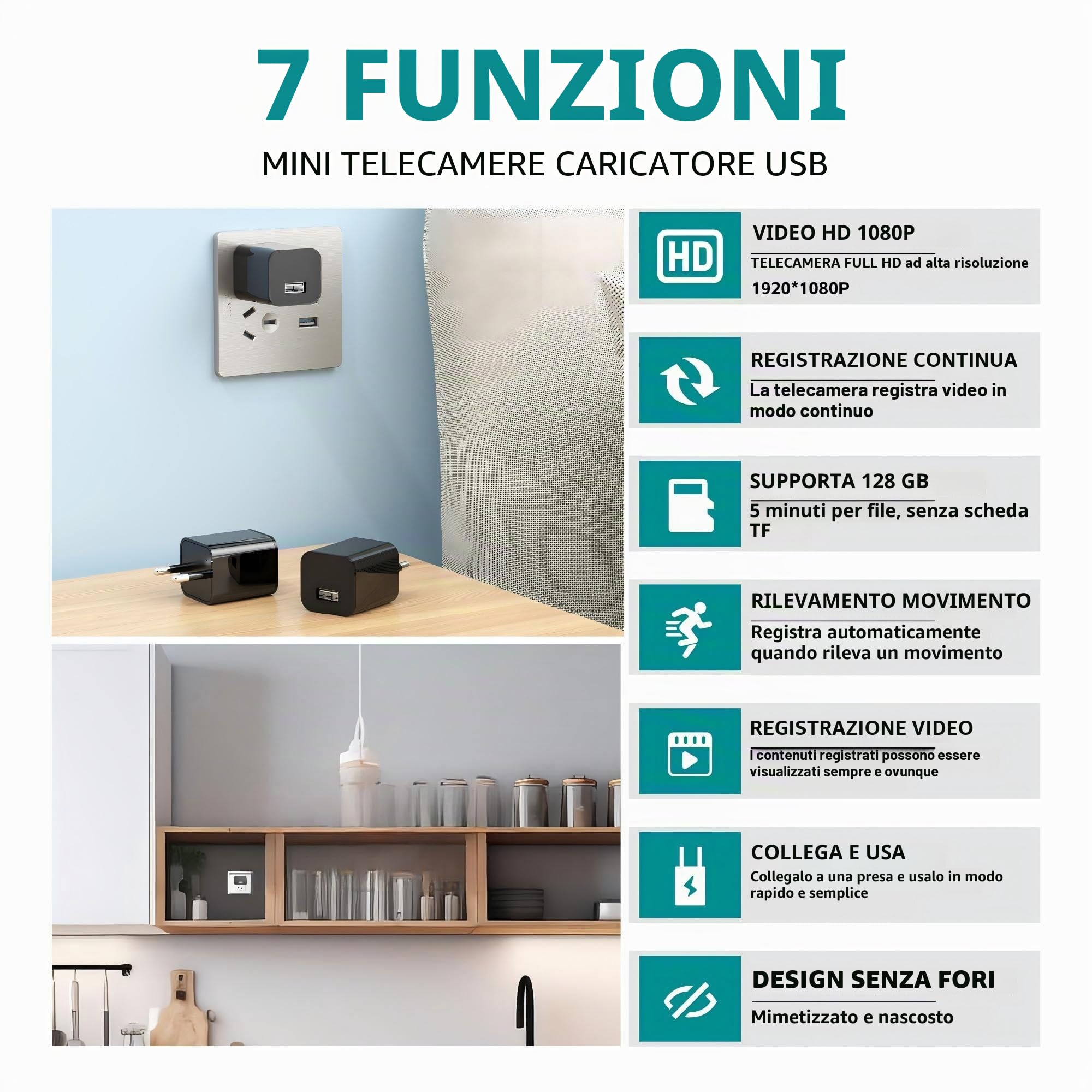 DUVIX Telecamera Spia Nascosta 64GB con Caricatore USB, 1080P HD Telecamera di Sorveglianza con Rilevazione di Movimento e Visione Notturna, Mini Telecamera Sicurezza Portatile per Casa e Ufficio