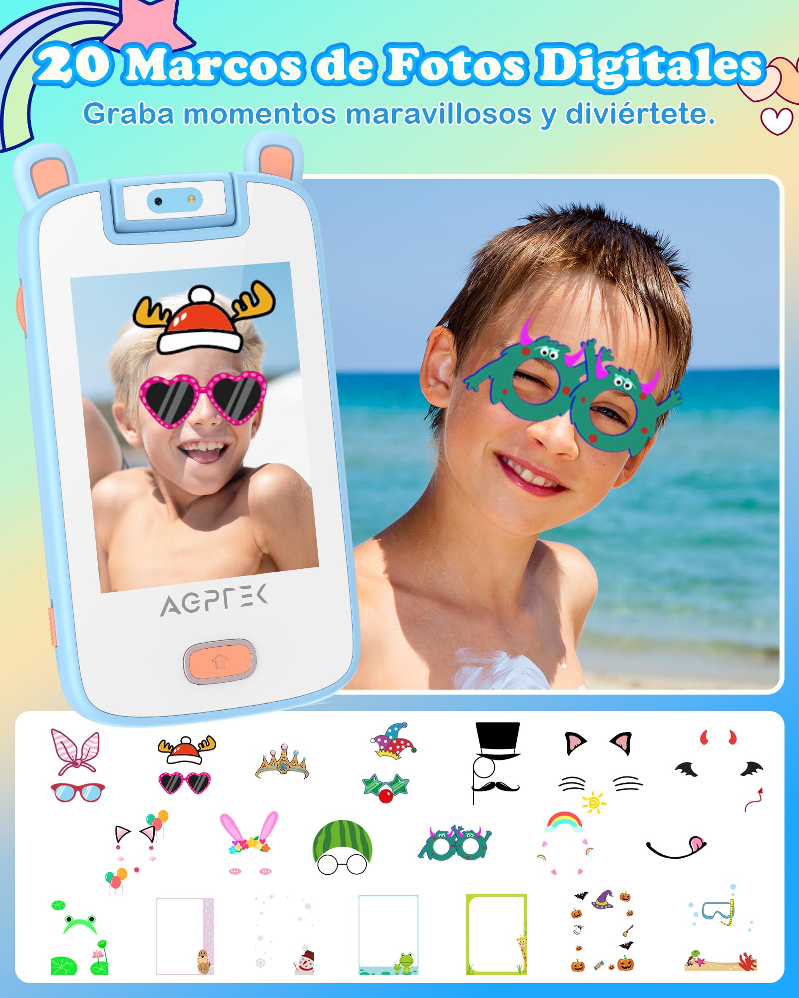 AGPTEK Teléfono para niños, Smartphone Juguete Pantalla Táctil con 32GB TF Card, Cámara, Dispositivo de Aprendizaje 3-7 Años, Regalos, Azul