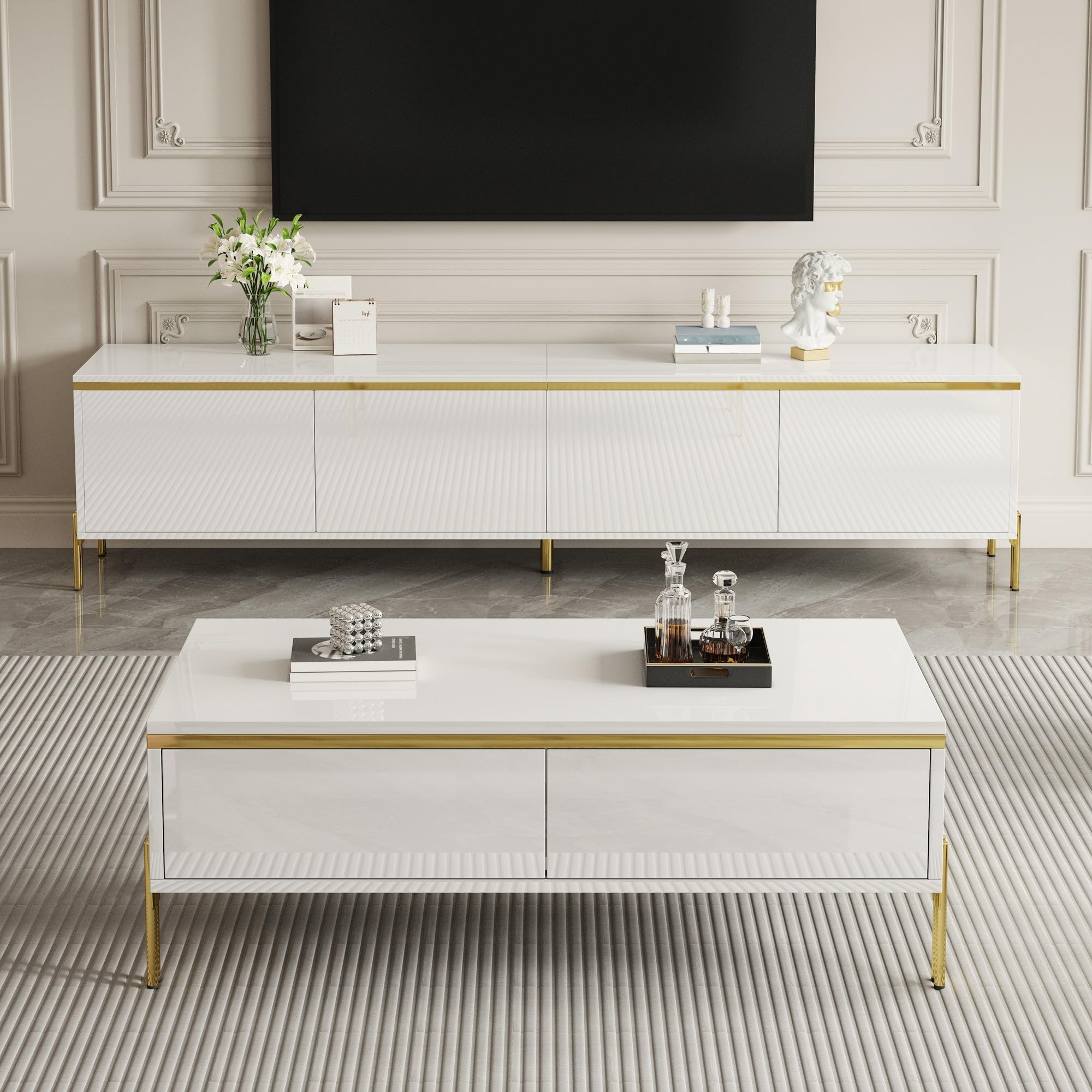 Modernes Luxus-TV-Schrank- und Couchtisch-Set, Hochglänzende Oberfläche in Unifarbe, Goldene Kanten, Großzügiger Stauraum (Weiß, Couchtisch-Set)