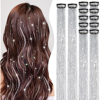 Pack of 12 Silver Glitter Hair Extensions Clip-in Hair Strands with Tinsel Festival Party Hair Accessories for Women